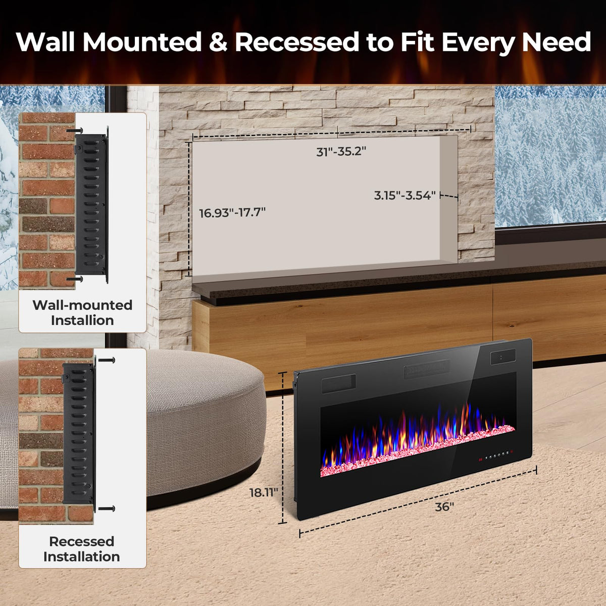 Crzoe 42 Inch Electric Fireplace Insert, in-Wall Recessed and Wall Mounted Heater with Timer, Control by Touch Panel and Remote, Adjustable Flame Color and Speed, 750W/1500W