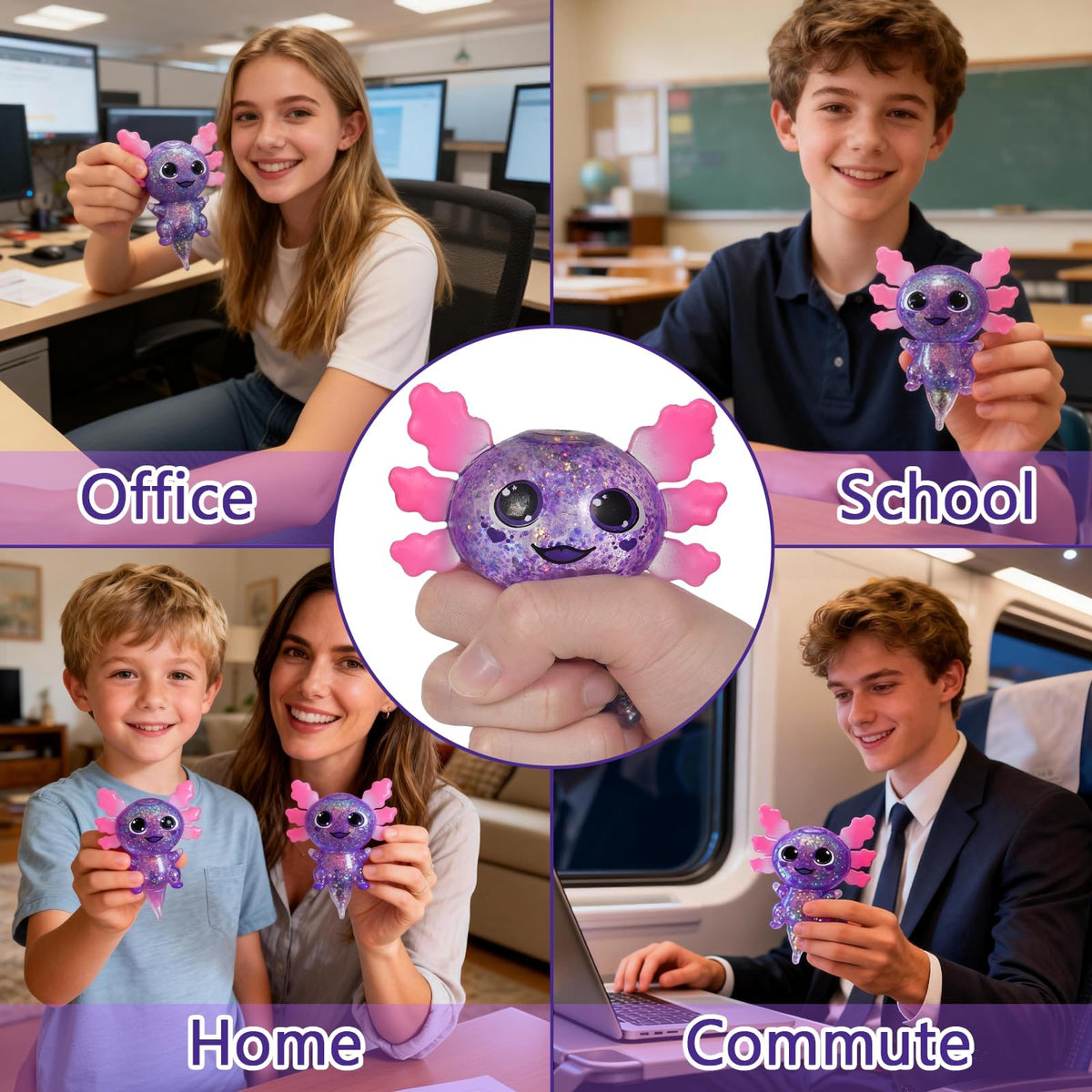 Axolotl Squishy Toy Squeeze Stress Relief Fidget Sensory Toy for Kids Adults, Cute Handheld Stress Ball for Anxiety and Focus, Purple Big Ears(Pink)