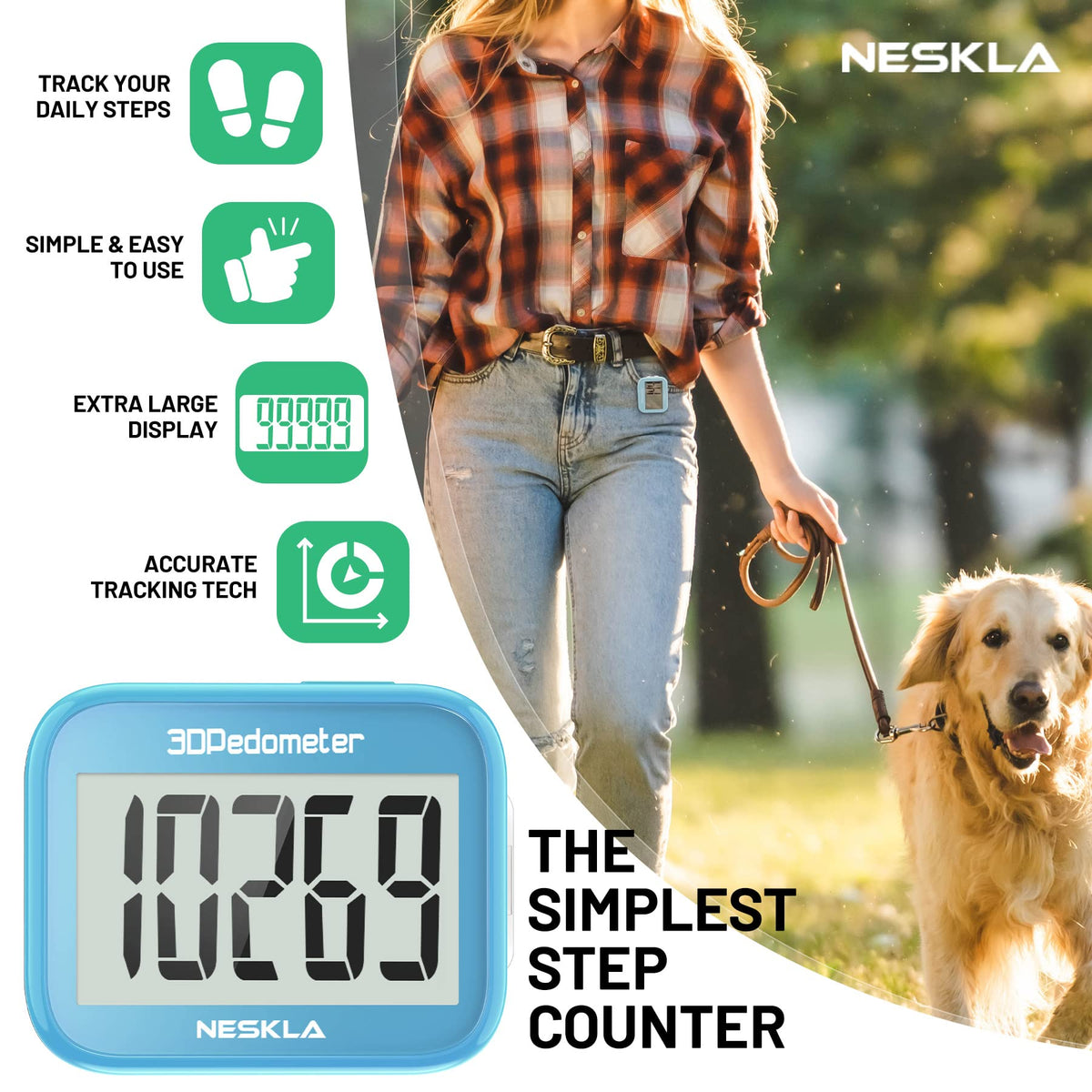 3D Pedometer, Simple Step Counter with Large LCD Display for Walking