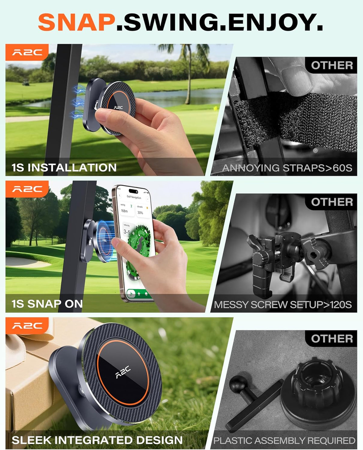 A2C Silver Alloy Magnetic Golf Cart Phone Holder Mount, Golf Accessories