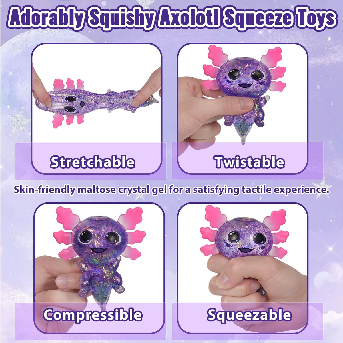 Axolotl Squishy Toy Squeeze Stress Relief Fidget Sensory Toy for Kids Adults, Cute Handheld Stress Ball for Anxiety and Focus, Purple Big Ears(Pink)