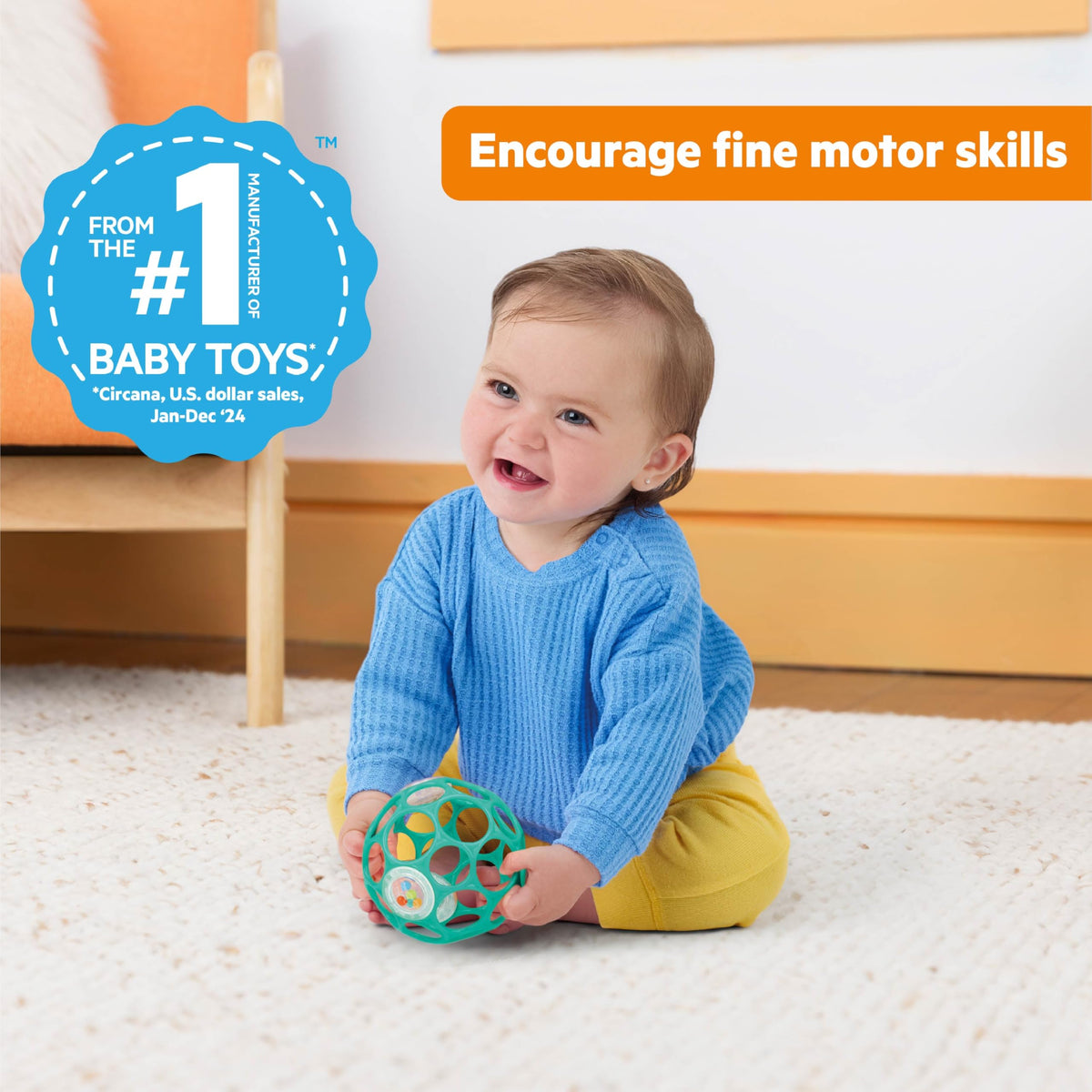 Bright Starts Oball Easy Grasp Classic Ball BPA-Free Infant Toy in Red, Yellow, Green, Blue, Age Newborn and up, 4 Inches