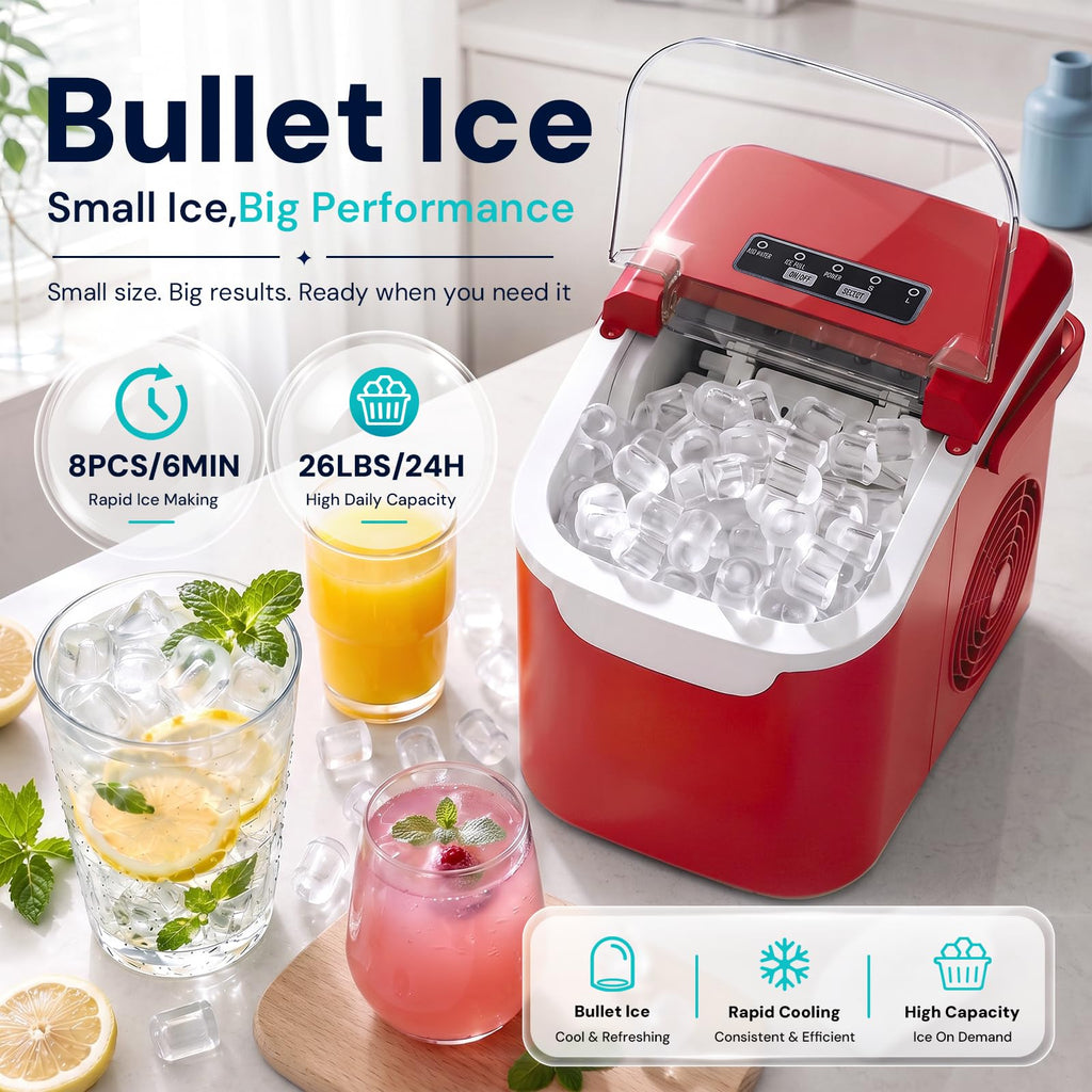 Kismile Countertop Ice Maker Machine, 26Lbs/Day Fastest 6‑Min Ice, Black