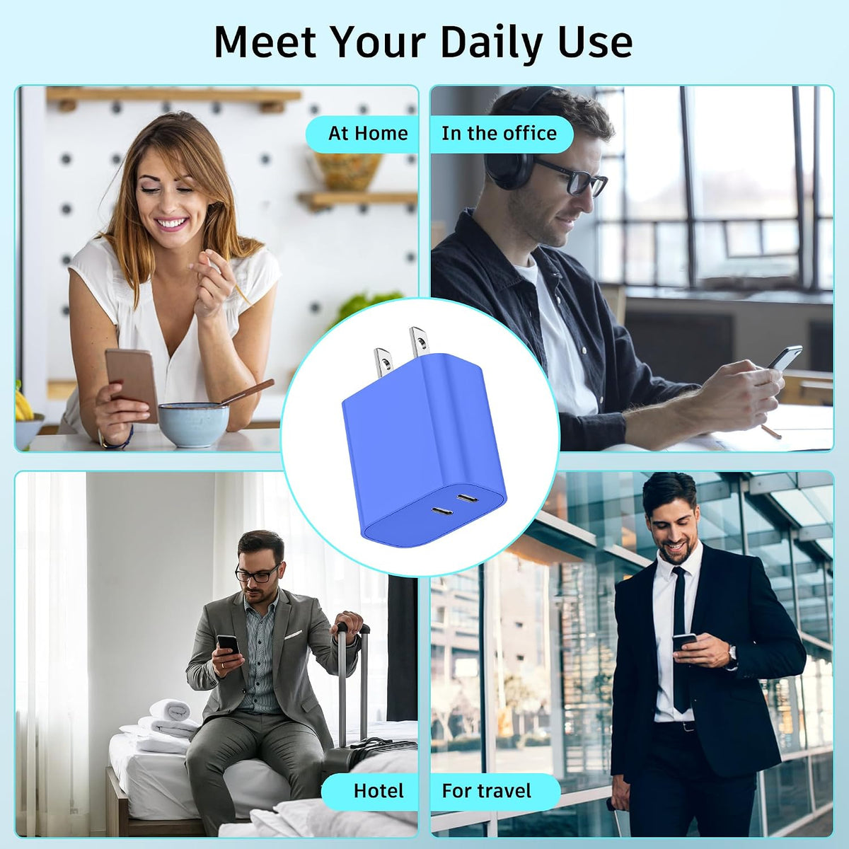 USB C Charger Block 3 Pack, Dual Port 20W Fast Wall Plug (Blue)