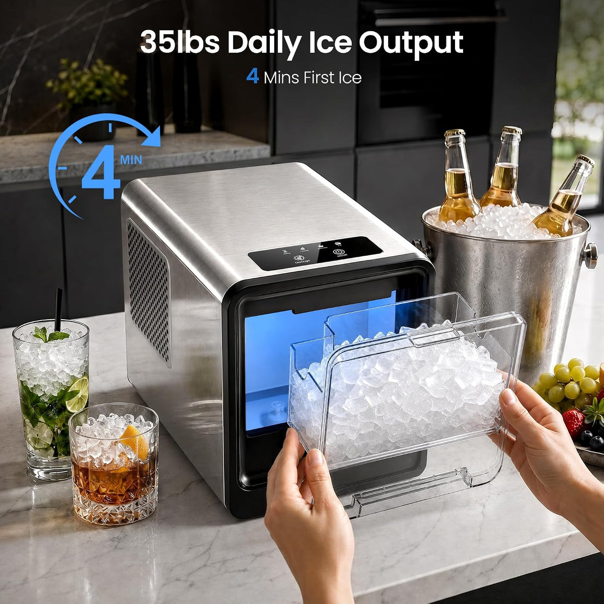 Kismile Nugget Ice Maker Countertop, 35 lbs/24H, Ice in 4 Mins