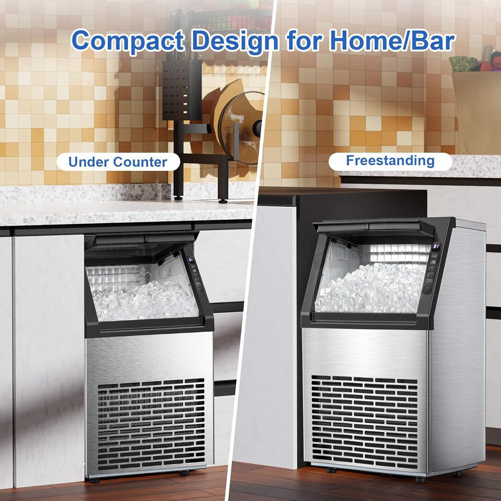 Kismile Commercial Ice Maker 100 lb/24 Hour, Stainless Steel Undercounter Ice Maker, 15 kg Capacity, Self-Cleaning Freestanding Ice Maker Suitable for Home Bars
