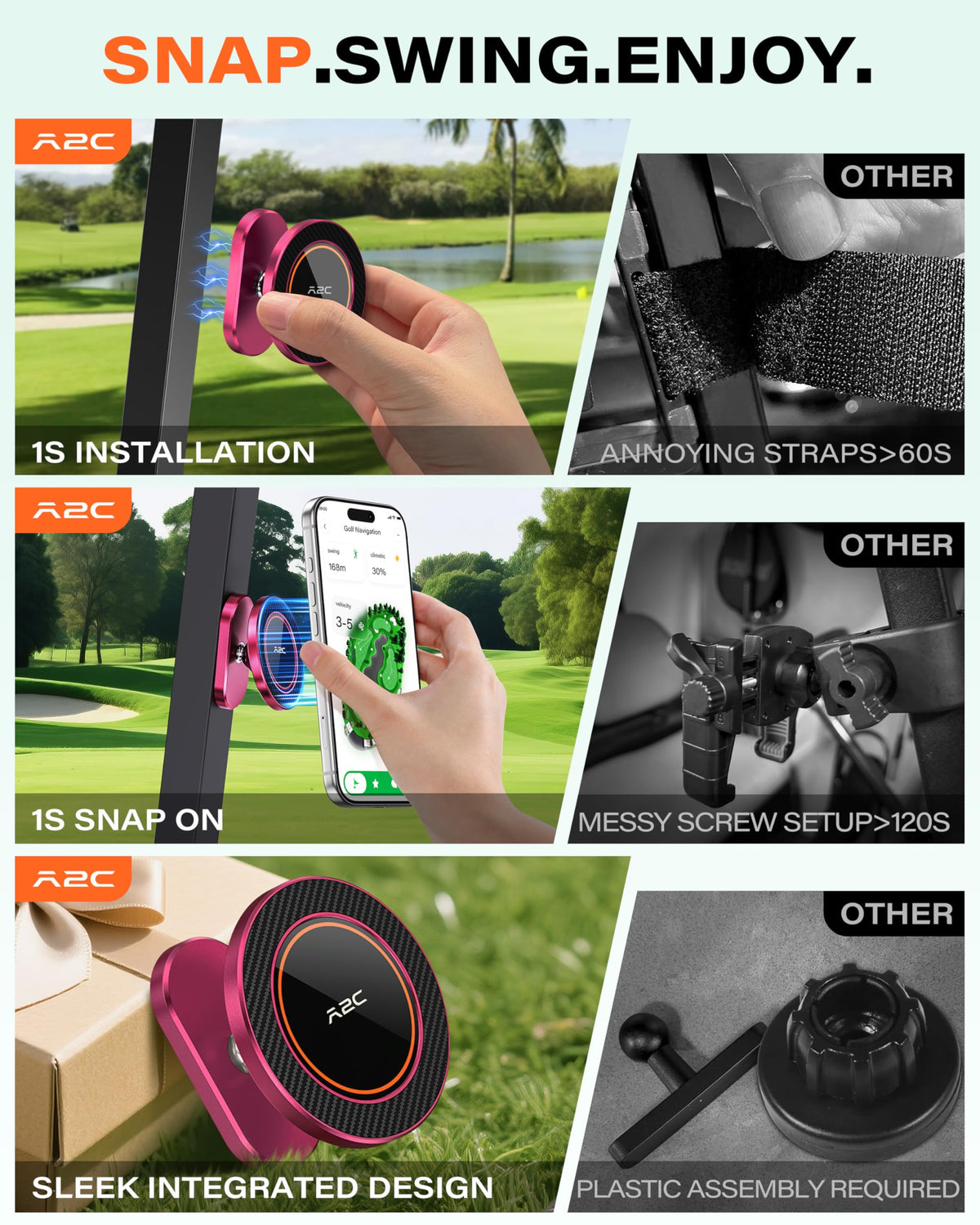 A2C Silver Alloy Magnetic Golf Cart Phone Holder Mount, Golf Accessories