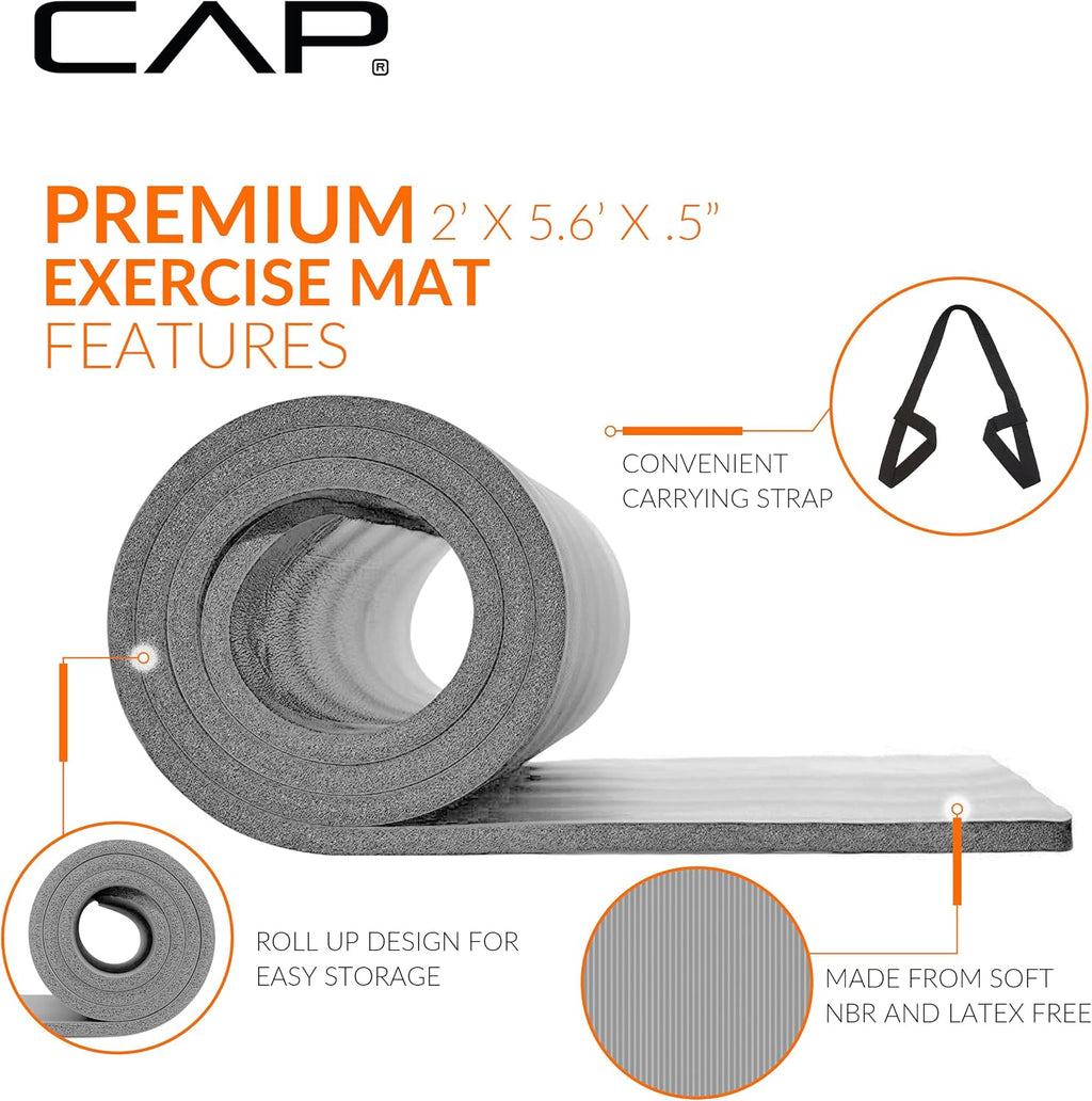 CAP Barbell 1/2-Inch High Density Exercise Yoga Mat with Strap | Multiple Options