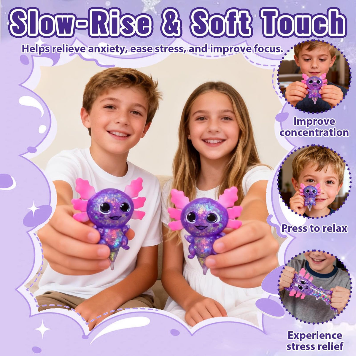 Axolotl Squishy Toy Squeeze Stress Relief Fidget Sensory Toy for Kids Adults, Cute Handheld Stress Ball for Anxiety and Focus, Purple Big Ears(Pink)
