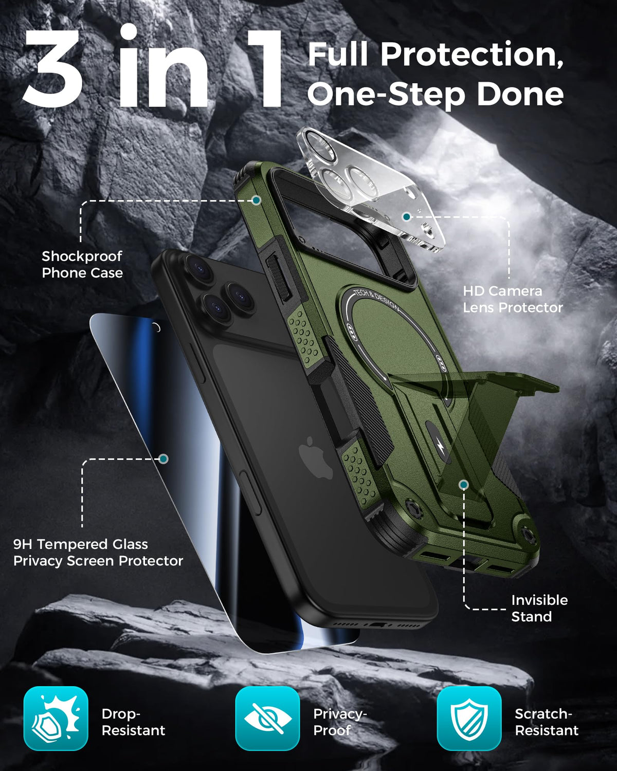 Goton 3 in 1 for iPhone 17 Pro Case with Privacy Screen Protector Blue