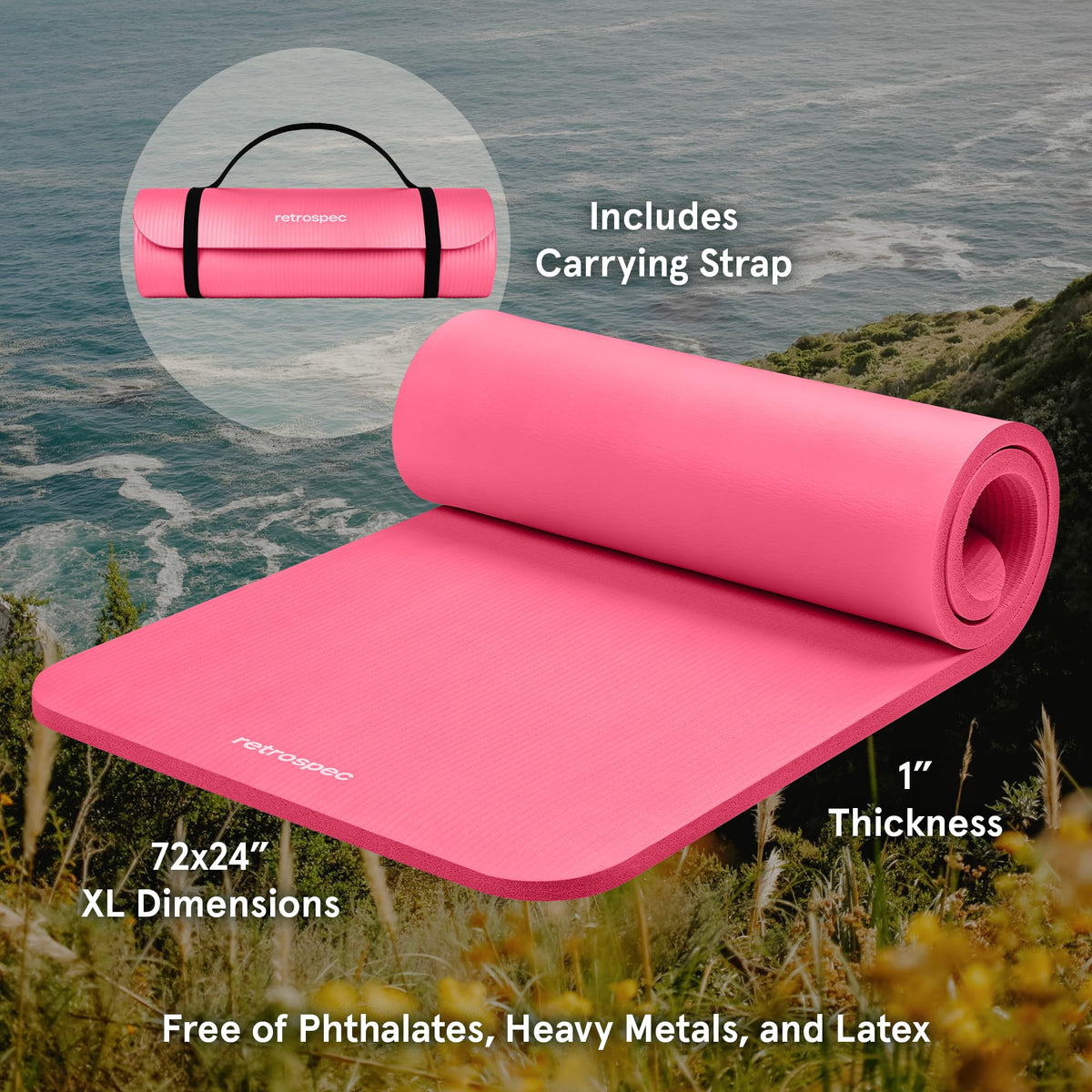 Retrospec Solana Yoga Mat 1" Thick w/Nylon Strap for Men & Women - Non Slip Exercise Mat for Home Yoga, Pilates, Stretching, Floor & Fitness Workouts