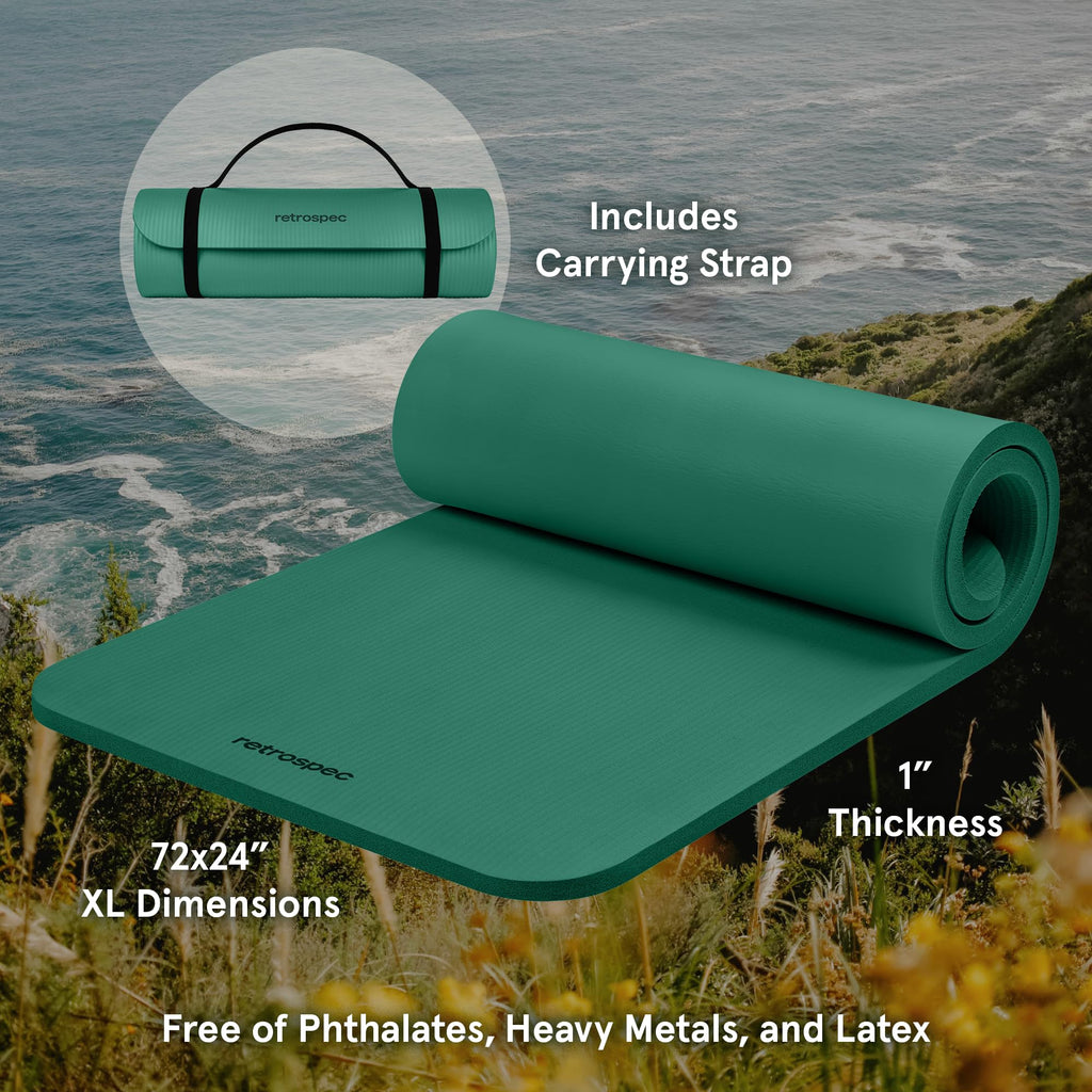 Retrospec Solana Yoga Mat 1" Thick w/Nylon Strap for Men & Women - Non Slip Exercise Mat for Home Yoga, Pilates, Stretching, Floor & Fitness Workouts