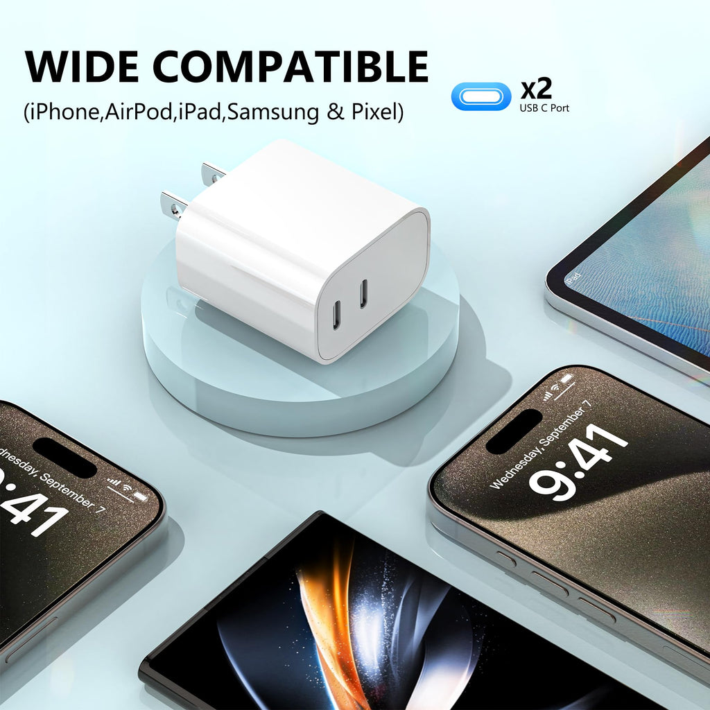USB C Charger Block 3 Pack, Dual Port 20W Fast Wall Plug (Blue)