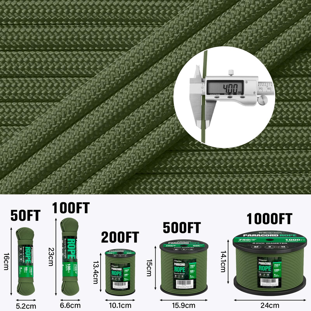 Paracord Rope 750 lb - 50ft 5/32" Parachute Cord 4MM 12-Strand para Cord - Heavy Duty Spool String for Survival,Camping Gear, Survival Bracelet, Clothesline - Black
