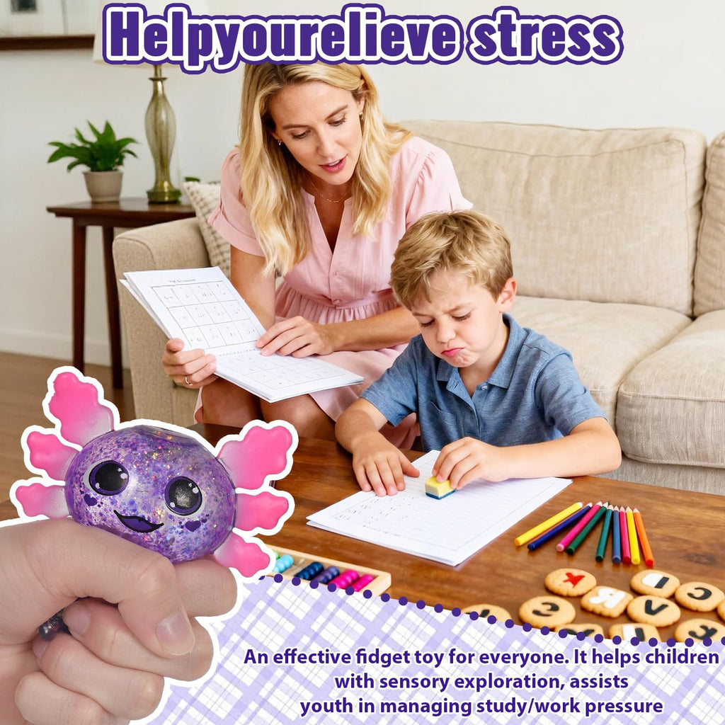 Axolotl Squishy Toy Squeeze Stress Relief Fidget Sensory Toy for Kids Adults, Cute Handheld Stress Ball for Anxiety and Focus, Purple Big Ears(Pink)