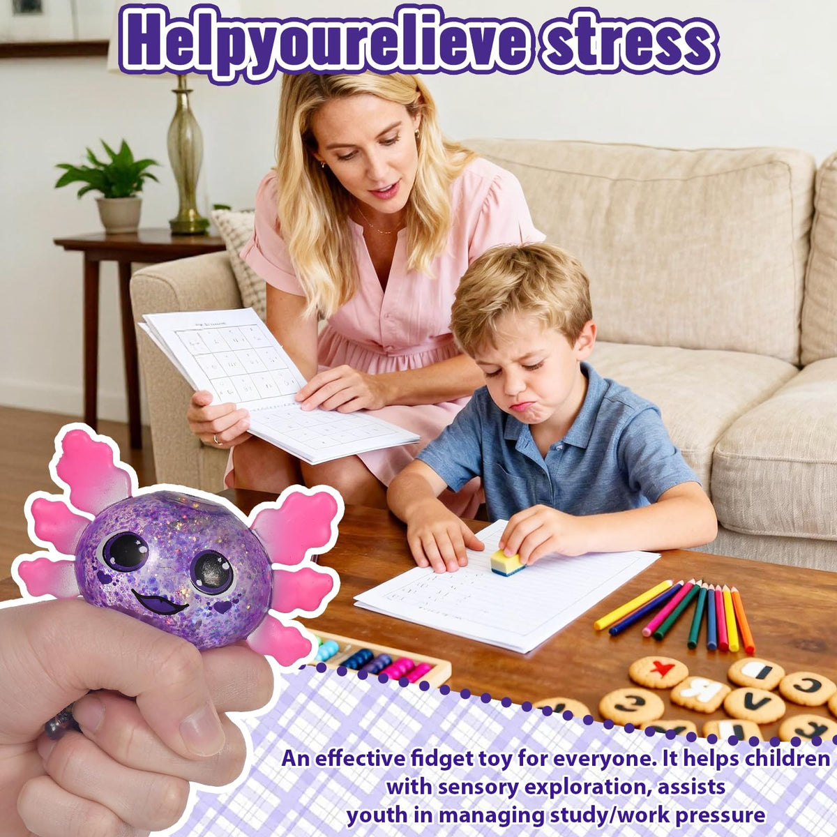 Axolotl Squishy Toy Squeeze Stress Relief Fidget Sensory Toy for Kids Adults, Cute Handheld Stress Ball for Anxiety and Focus, Purple Big Ears(Pink)