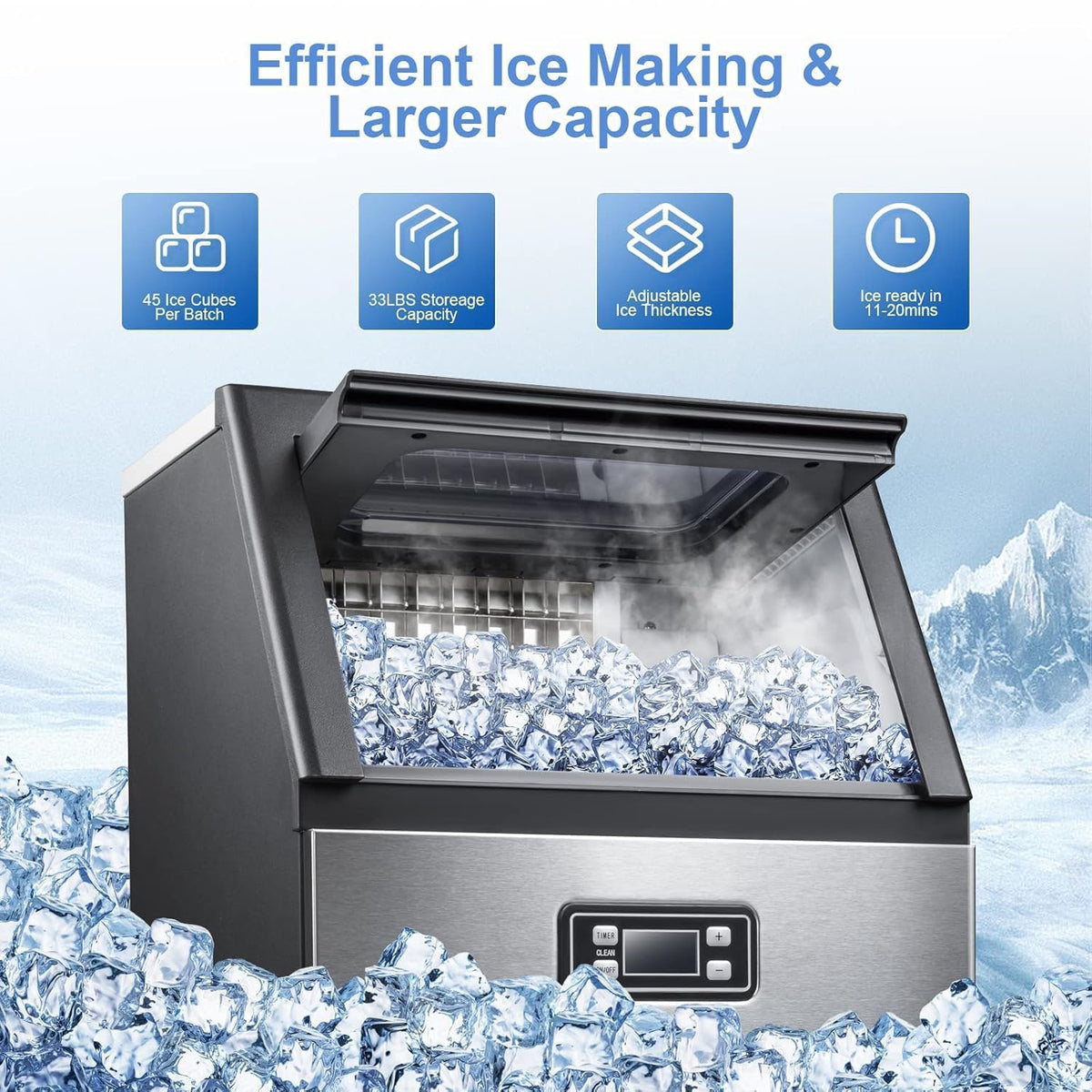 Kismile Commercial Ice Maker 100lbs/Day with 33lbs Storage