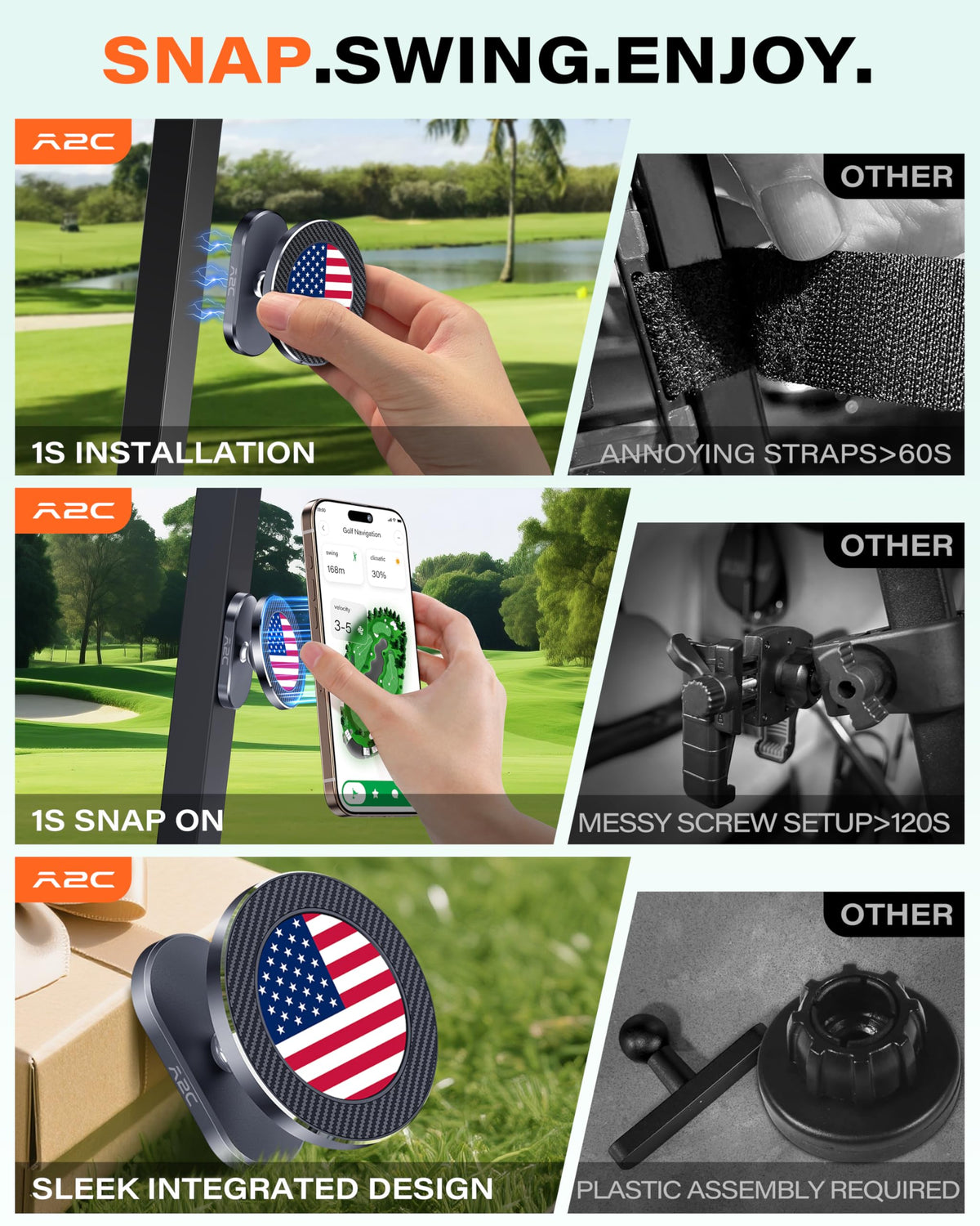 A2C Silver Alloy Magnetic Golf Cart Phone Holder Mount, Golf Accessories
