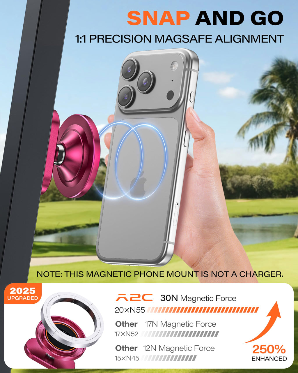 A2C Silver Alloy Magnetic Golf Cart Phone Holder Mount, Golf Accessories