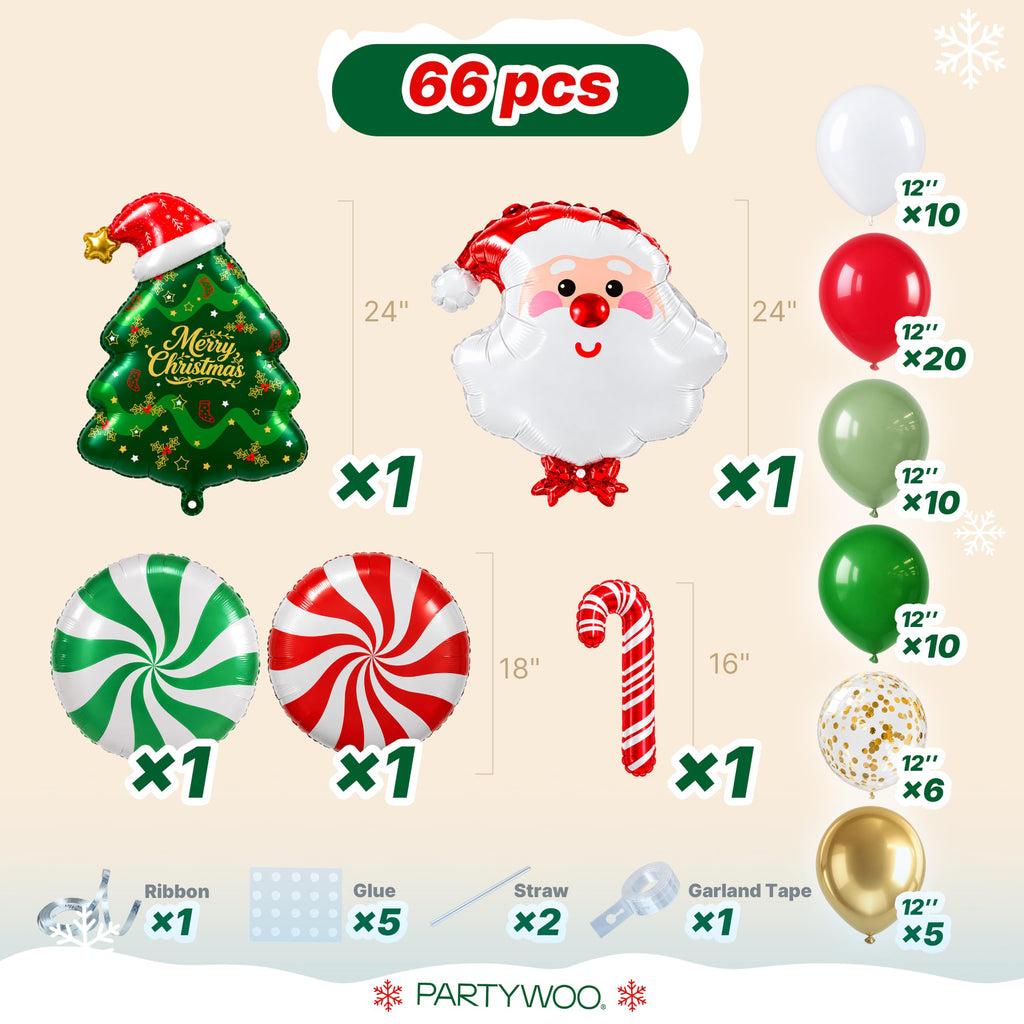 PartyWoo Christmas Balloons 66pcs Santa Xmas Tree Candy Cane Foil Balloons