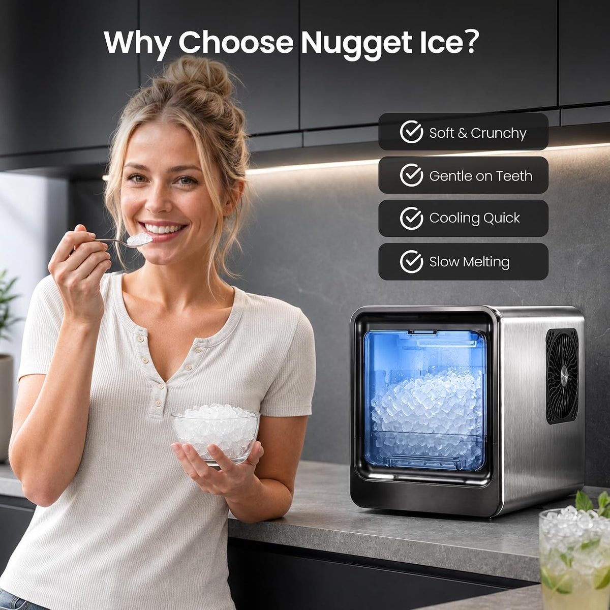 Kismile Nugget Ice Maker Countertop, 35 lbs/24H, Ice in 4 Mins
