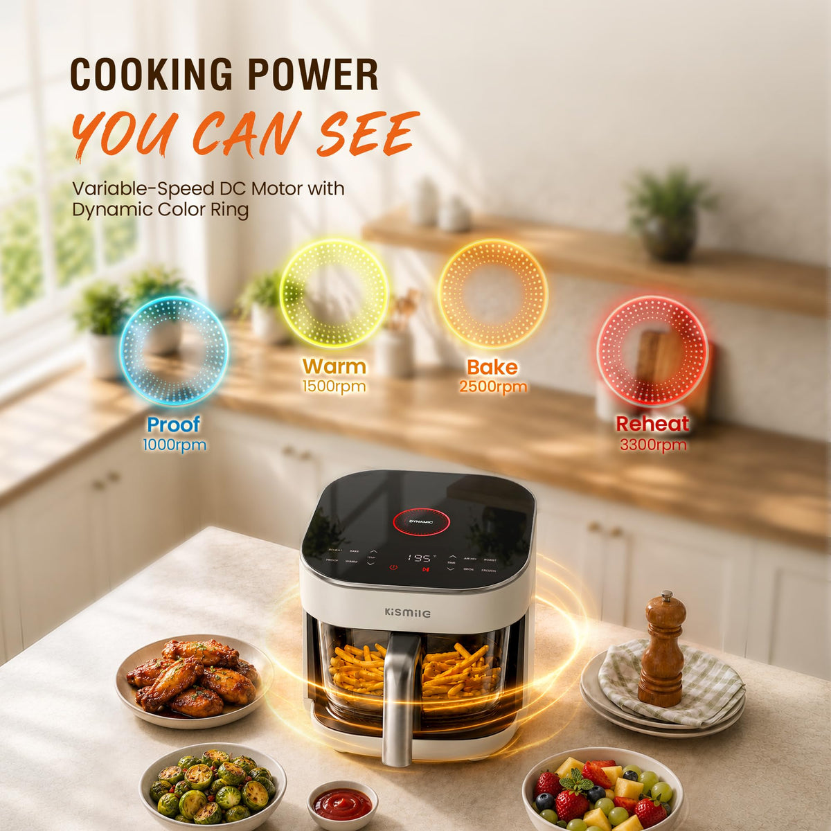 Kismile AeroLucen 5 QT Glass Air Fryer, No Preheat, 8-in-1, 450°F