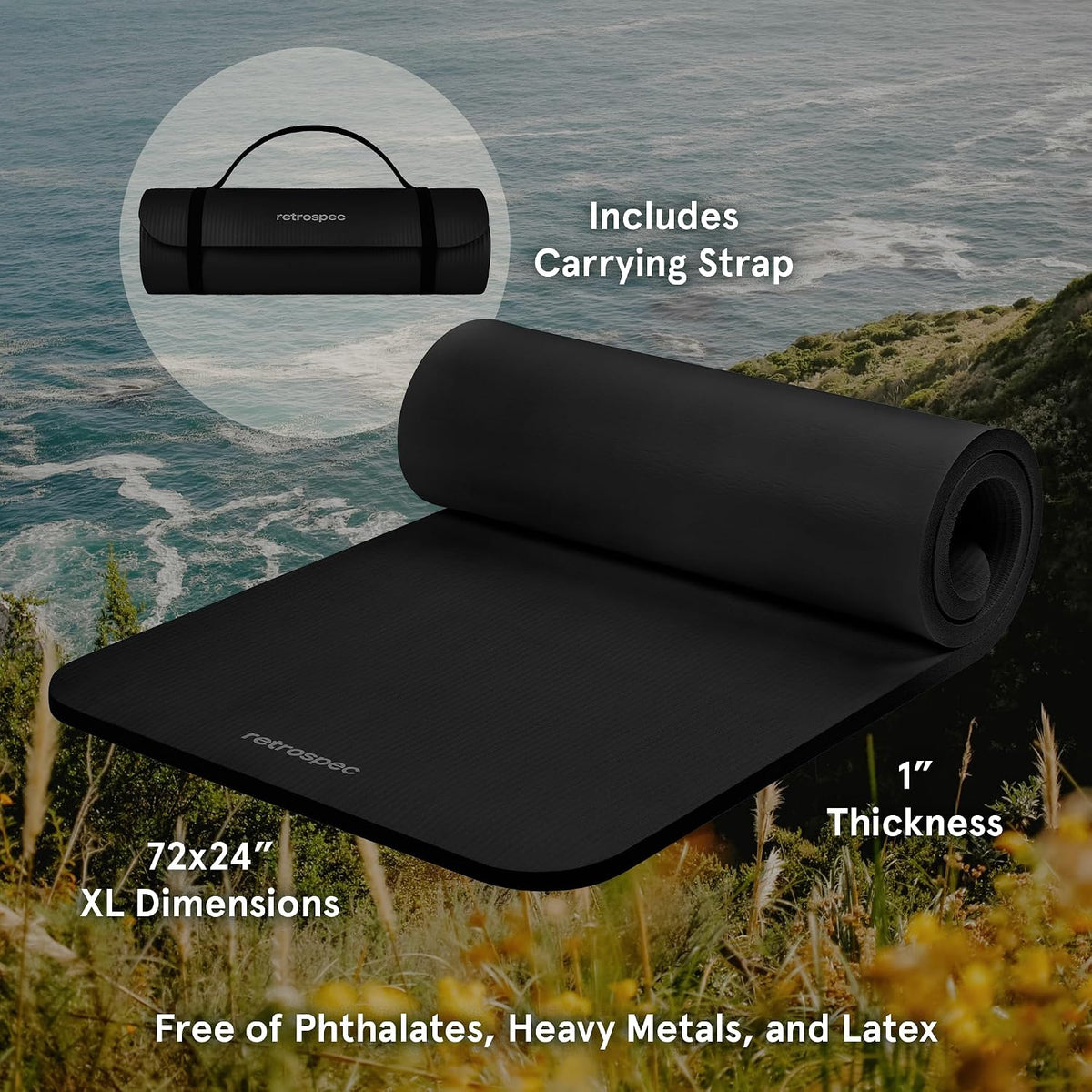 Retrospec Solana Yoga Mat 1" Thick w/Nylon Strap for Men & Women - Non Slip Exercise Mat for Home Yoga, Pilates, Stretching, Floor & Fitness Workouts