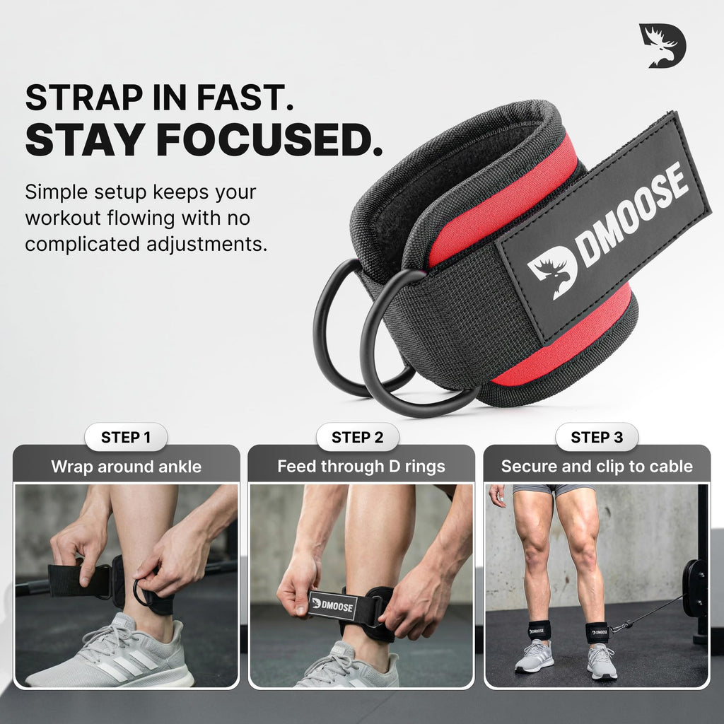 DMoose Ankle Strap for Cable Machine - One Size Fit with Premium Padding, Workout Kickback Ankle Cuffs, Ankle Bands for Working Out, Booty Workouts, Leg Extension, Hip Abductors & Lower Body Exercises