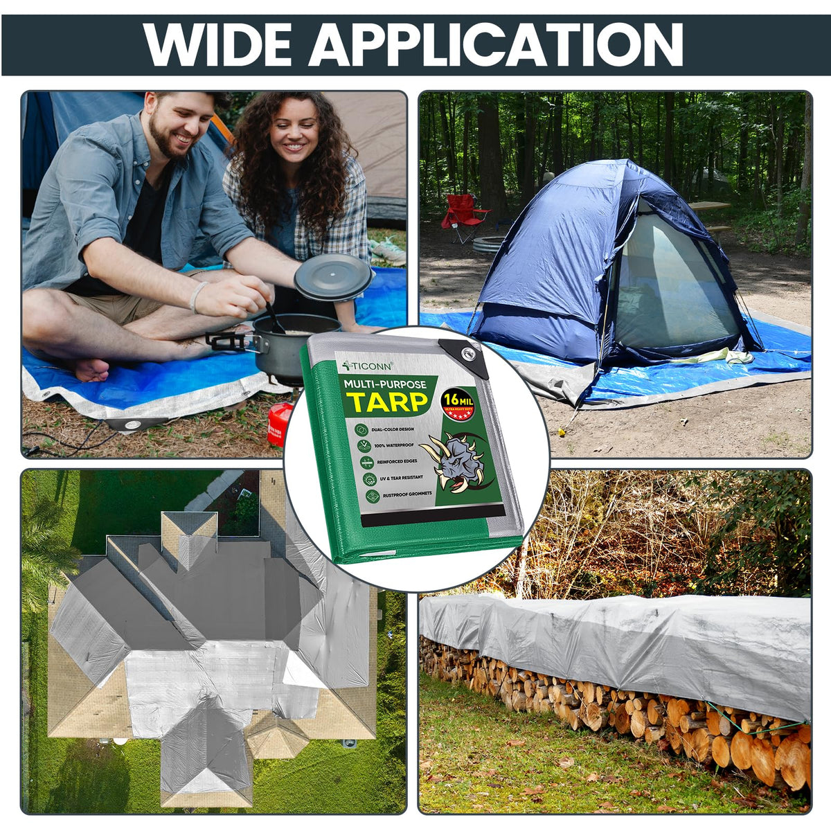 TICONN Heavy Duty Tarp Cover Waterproof, Extra Thick UV Resistant Tarpaulin