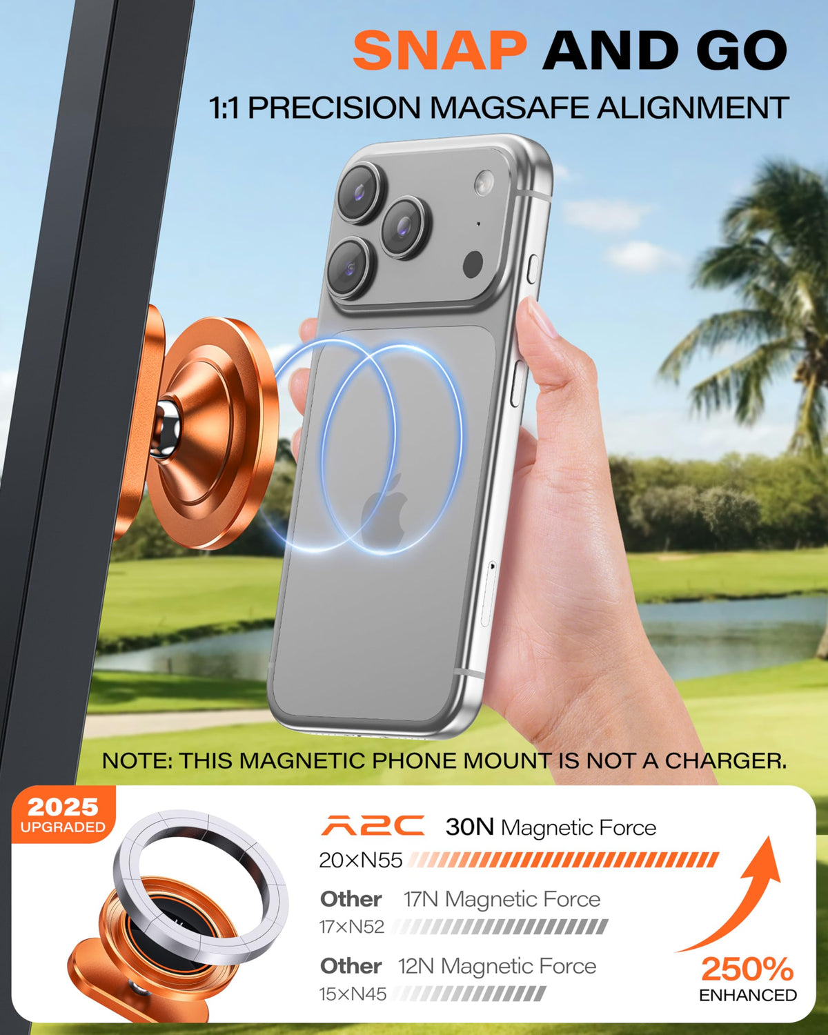 A2C Silver Alloy Magnetic Golf Cart Phone Holder Mount, Golf Accessories
