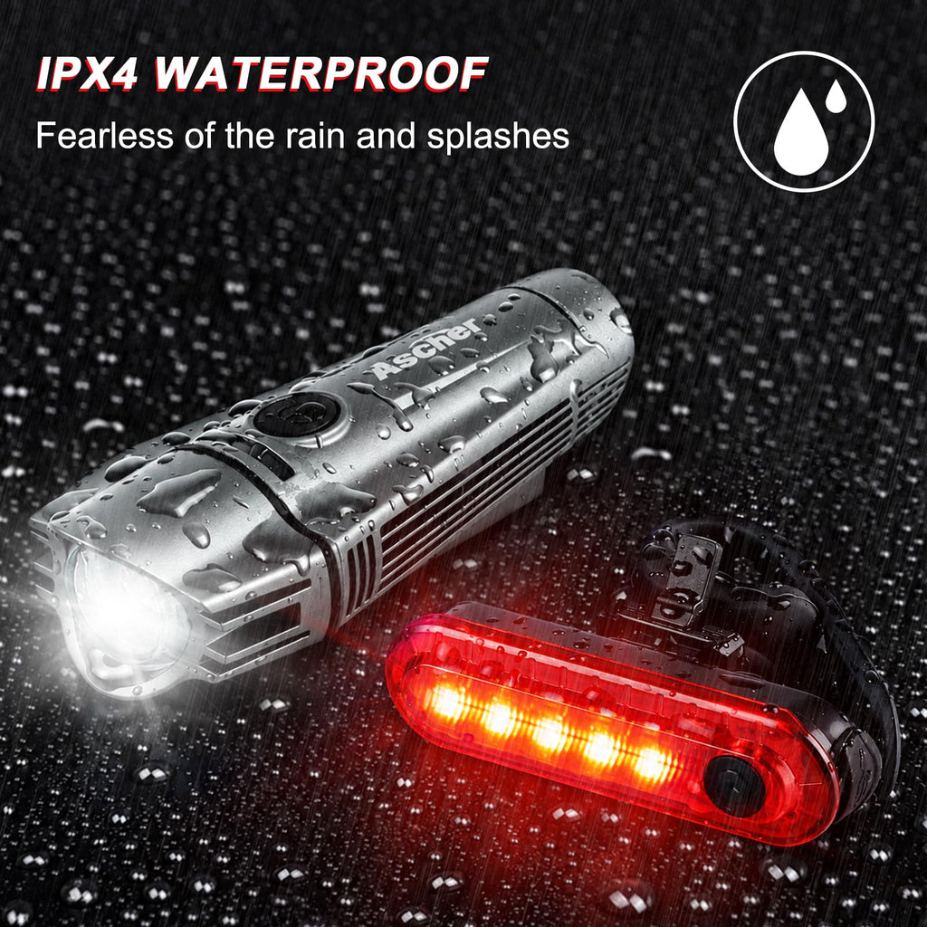 Ascher Ultra Bright USB Rechargeable Bike Light Set, Powerful Bicycle Front Headlight and Back Taillight, 4 Light Modes, Easy to Install for Men Women Kids Road Mountain Cycling