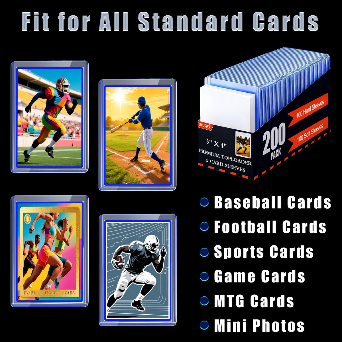 3"x4" Toploaders Card Protectors,100 Hard Holders + 100 Soft Sleeves