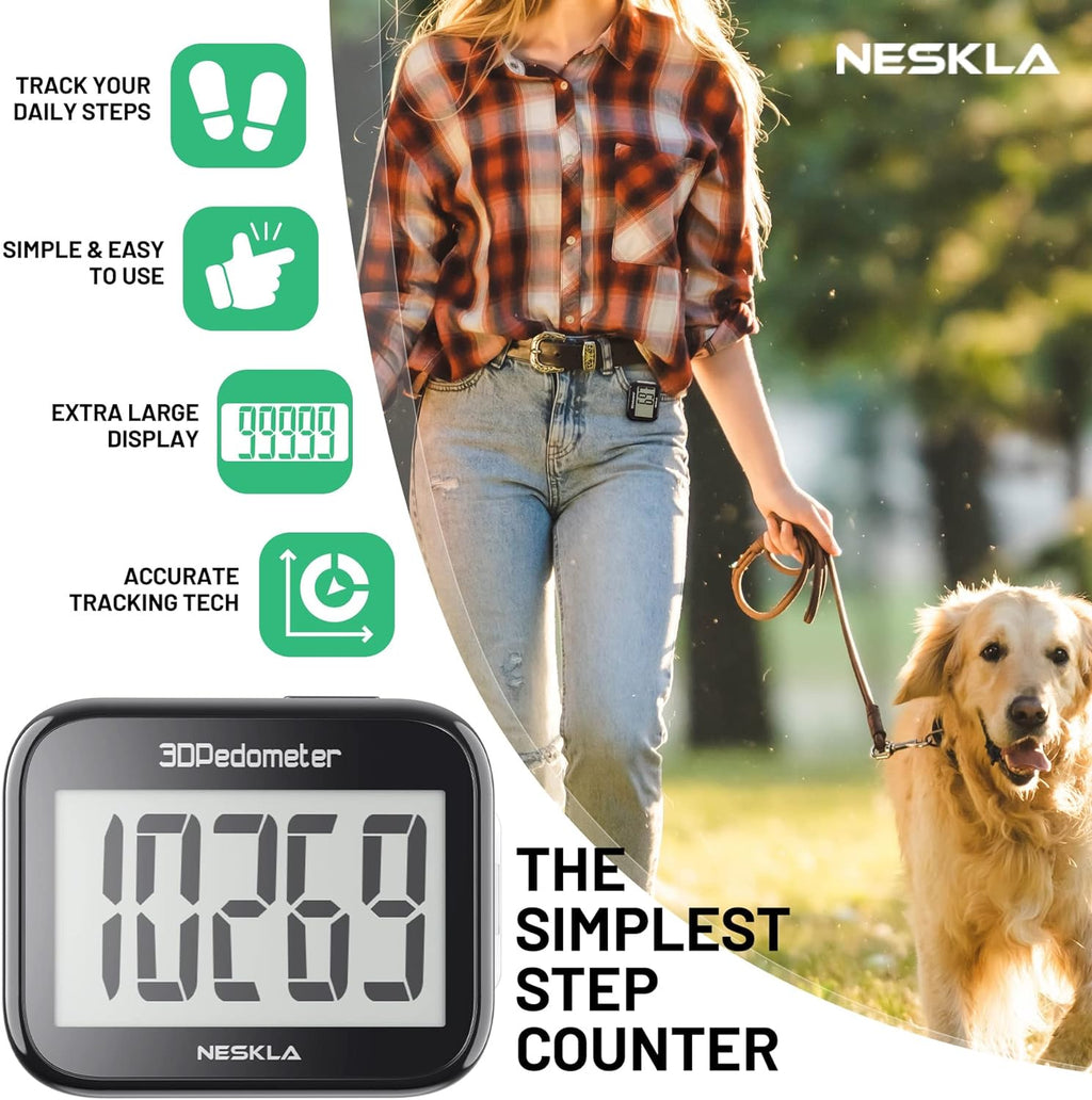 3D Pedometer, Simple Step Counter with Large LCD Display for Walking