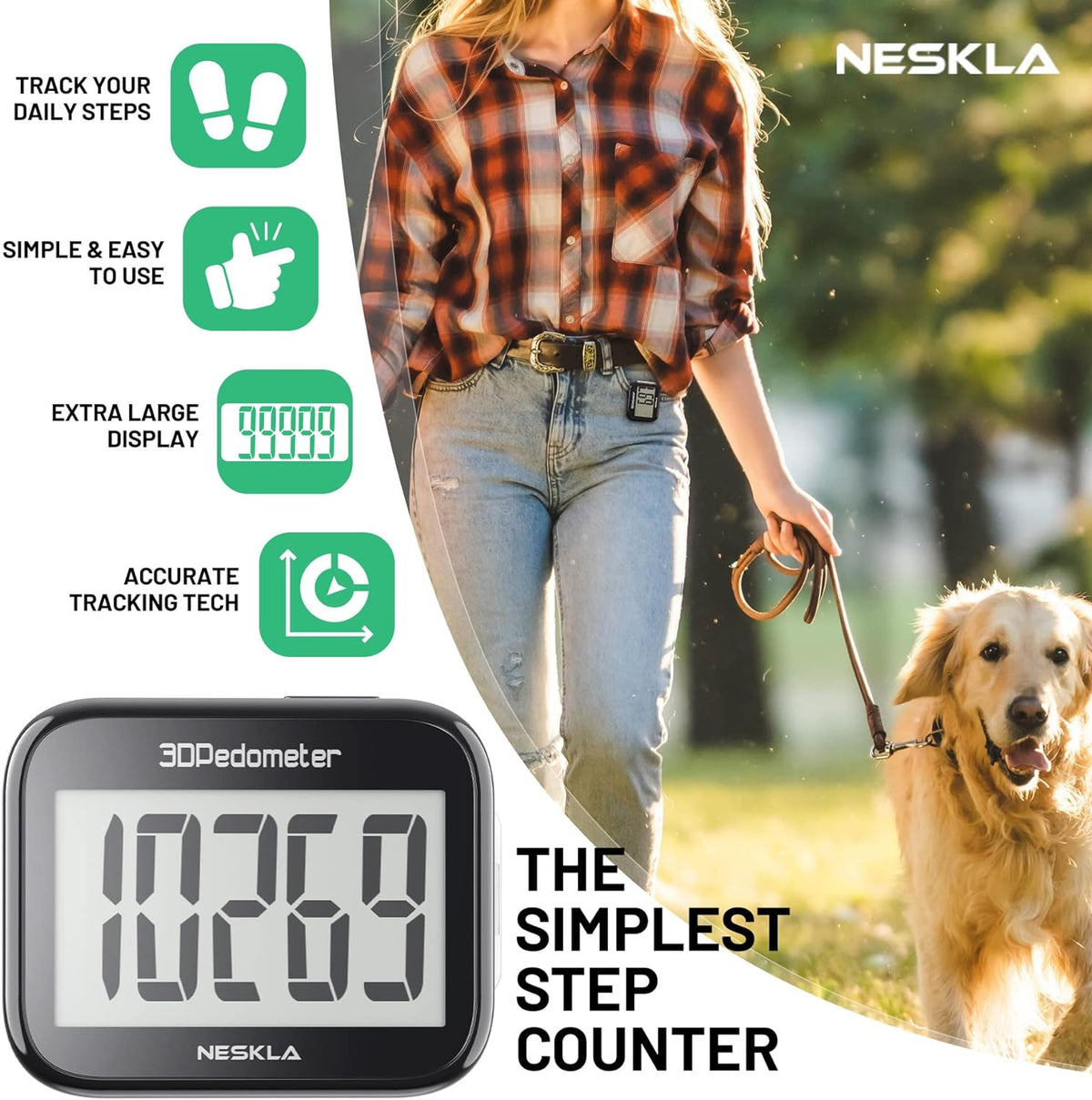 3D Pedometer, Simple Step Counter with Large LCD Display for Walking