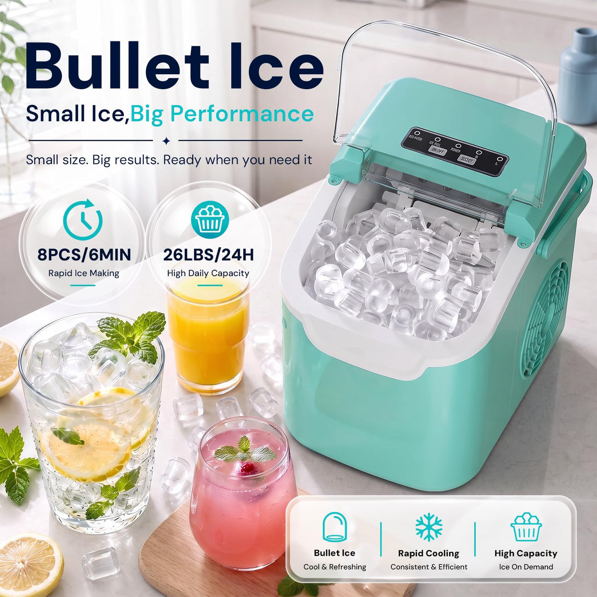 Kismile Countertop Ice Maker Machine, 26Lbs/Day Fastest 6‑Min Ice, Black