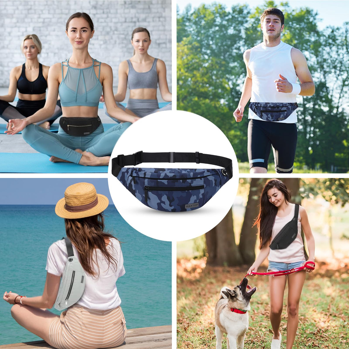 MAXTOP Large Fanny Pack for Women Men Crossbody Bag with 4-Zipper Pockets