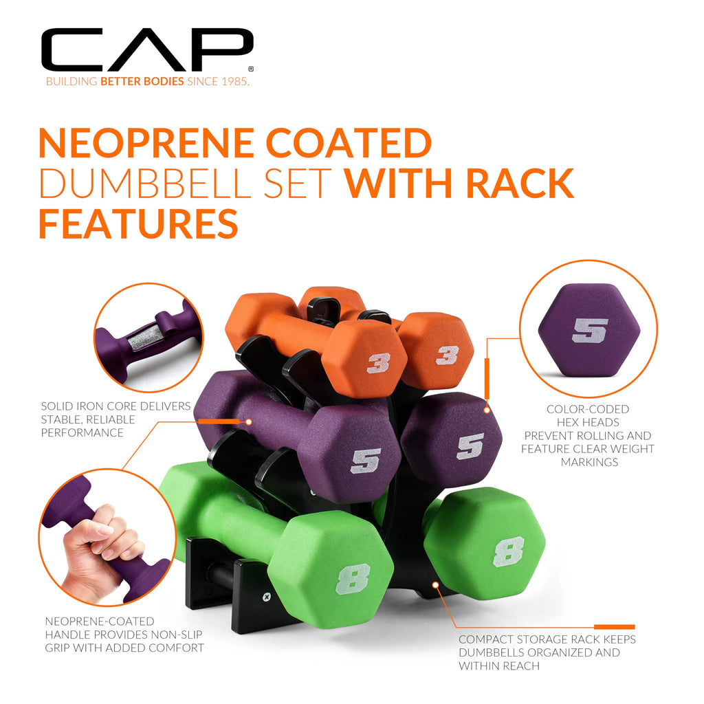 CAP Neoprene Dumbbell Pairs & Sets, Non-Slip Grip, Hex Design