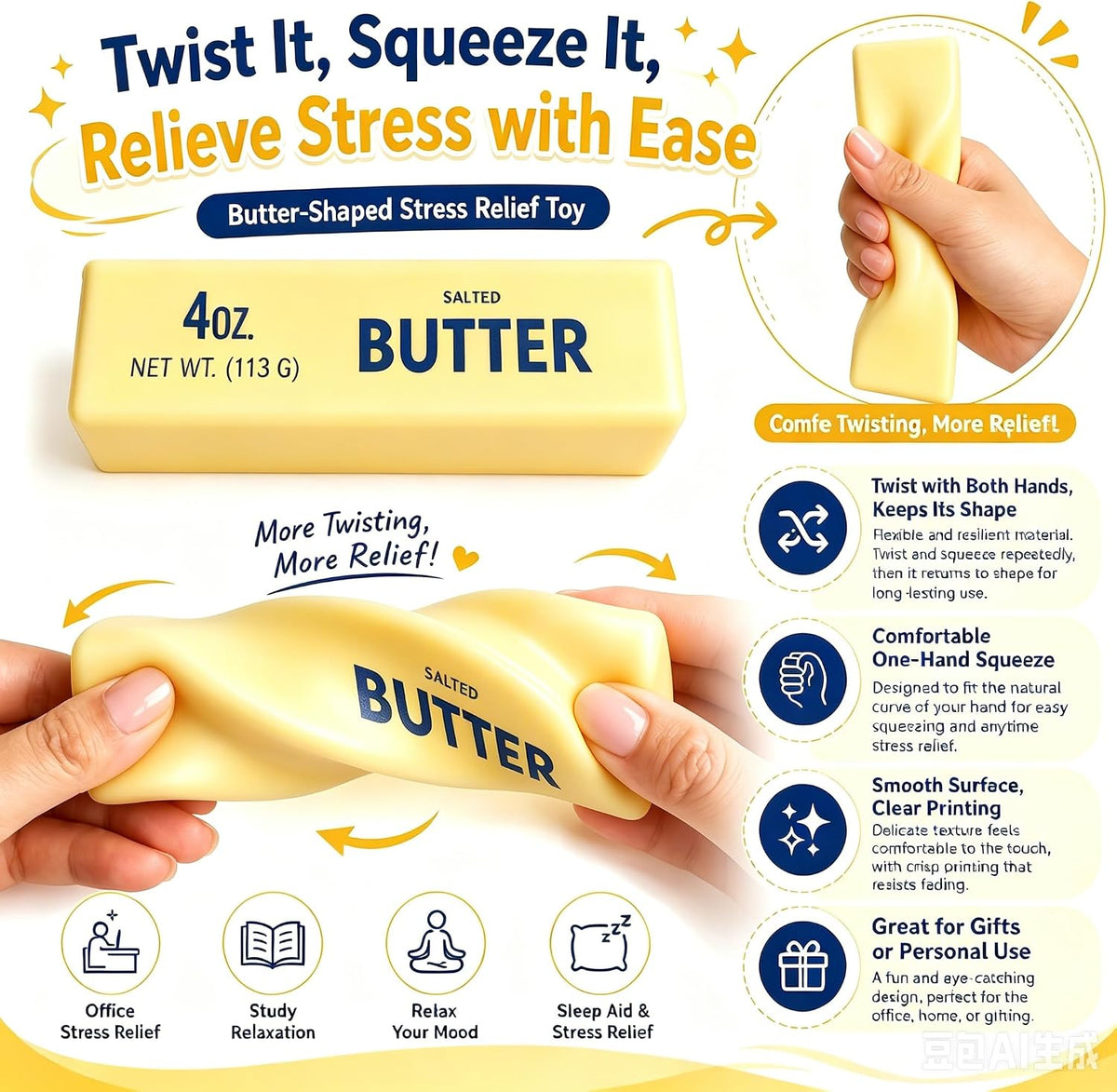 2 PCS Butter Squishy,Butter Squishy Toy, Squishy Fidget Toy, Stress Relief Toy, Soft Squeeze Anxiety Relief Fidget Toy, 4oz Butter-Shaped Squishy Toy for Office Desk Home, Reusable Durable Material