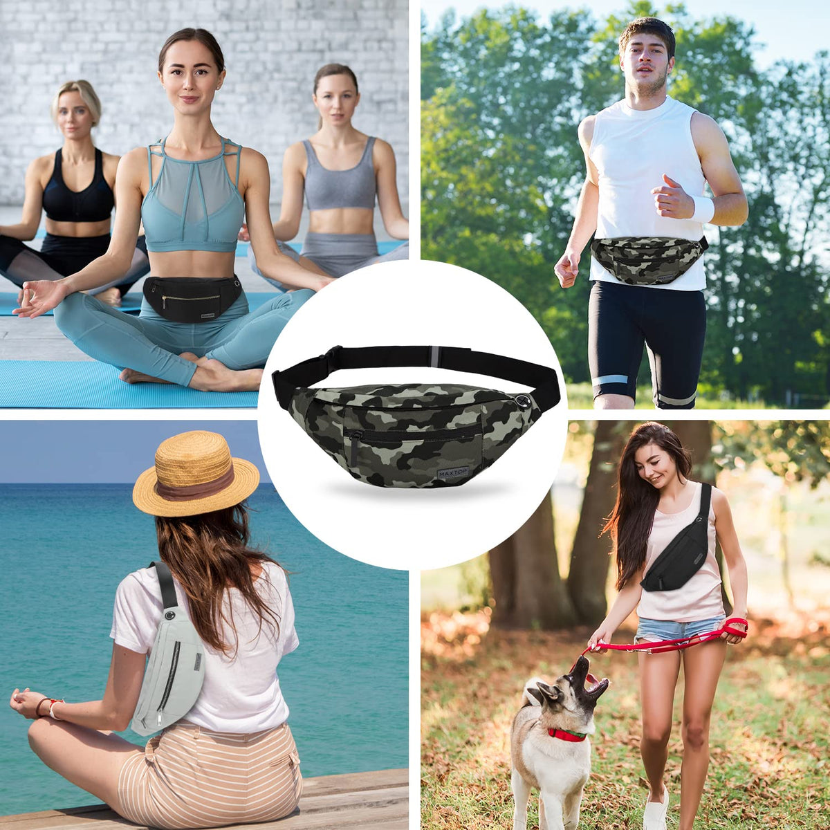 MAXTOP Large Fanny Pack for Women Men Crossbody Bag with 4-Zipper Pockets
