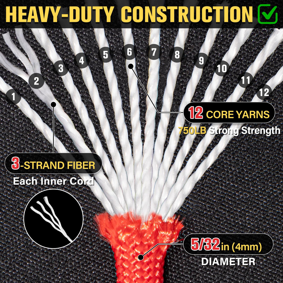Paracord Rope 750 lb - 50ft 5/32" Parachute Cord 4MM 12-Strand para Cord - Heavy Duty Spool String for Survival,Camping Gear, Survival Bracelet, Clothesline - Black