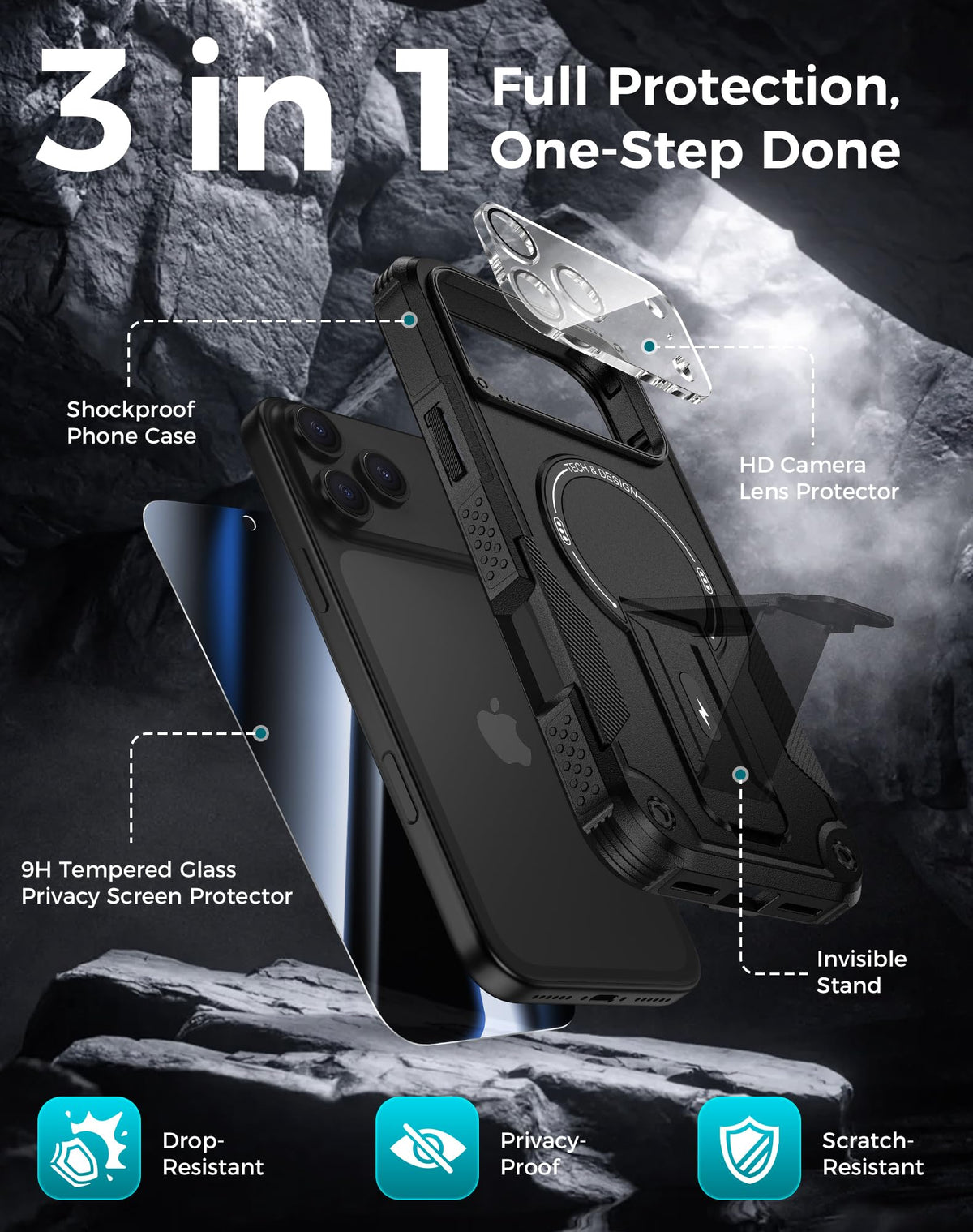 Goton 3 in 1 for iPhone 17 Pro Case with Privacy Screen Protector Blue