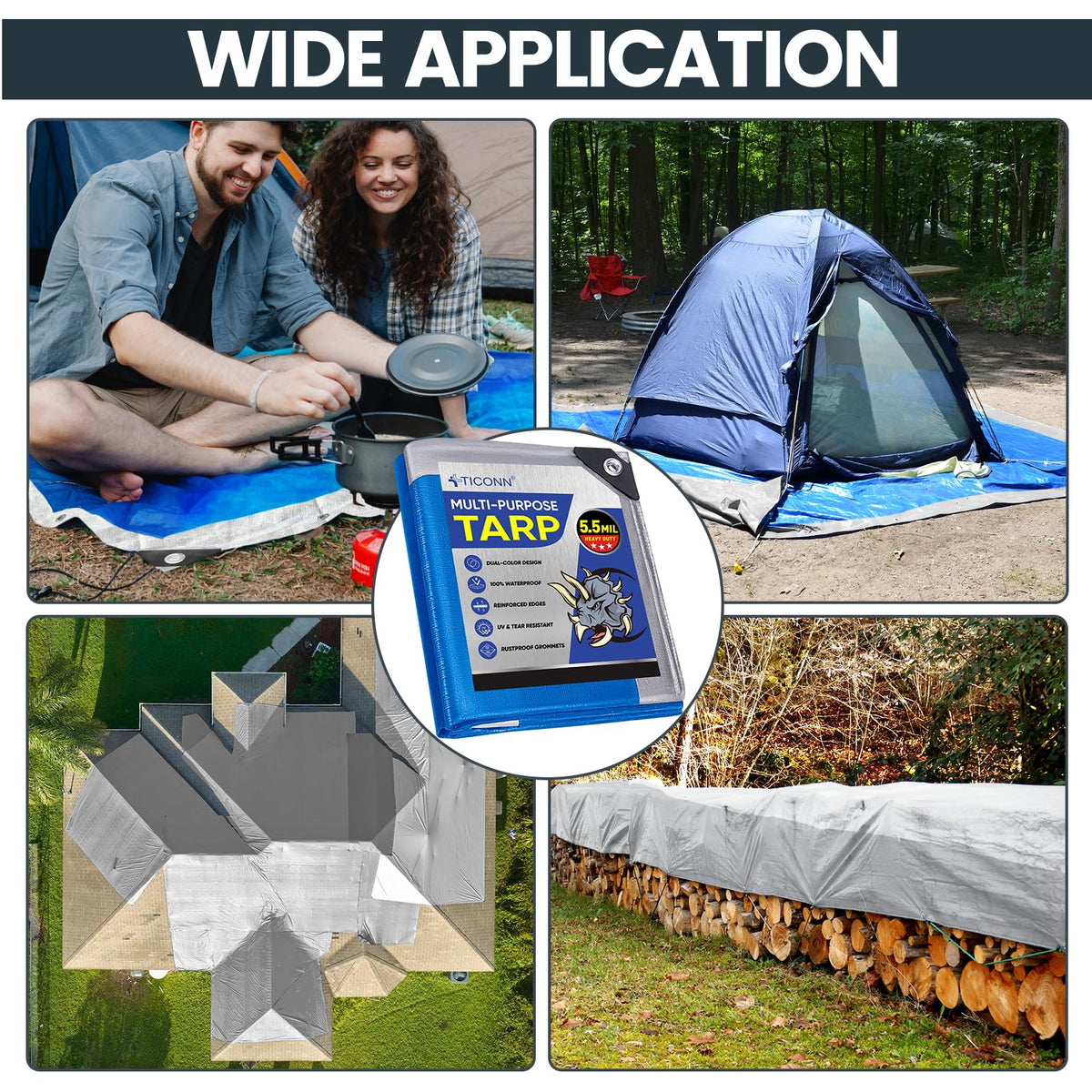 TICONN Heavy Duty Tarp Cover Waterproof, Extra Thick UV Resistant Tarpaulin