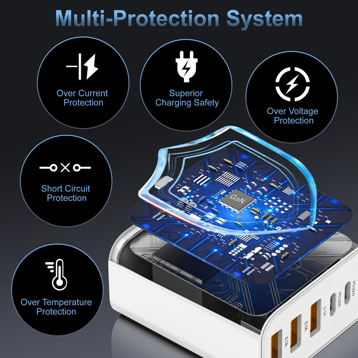 65W USB C Charger Block,6-Port Multi Device Fast Charger PD QC Wall Adapter