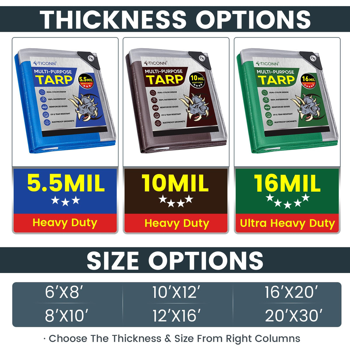 TICONN Heavy Duty Tarp Cover Waterproof, Extra Thick UV Resistant Tarpaulin