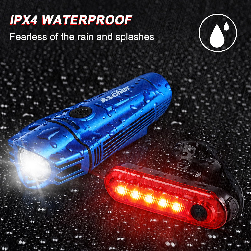 Ascher Ultra Bright USB Rechargeable Bike Light Set, Powerful Bicycle Front Headlight and Back Taillight, 4 Light Modes, Easy to Install for Men Women Kids Road Mountain Cycling