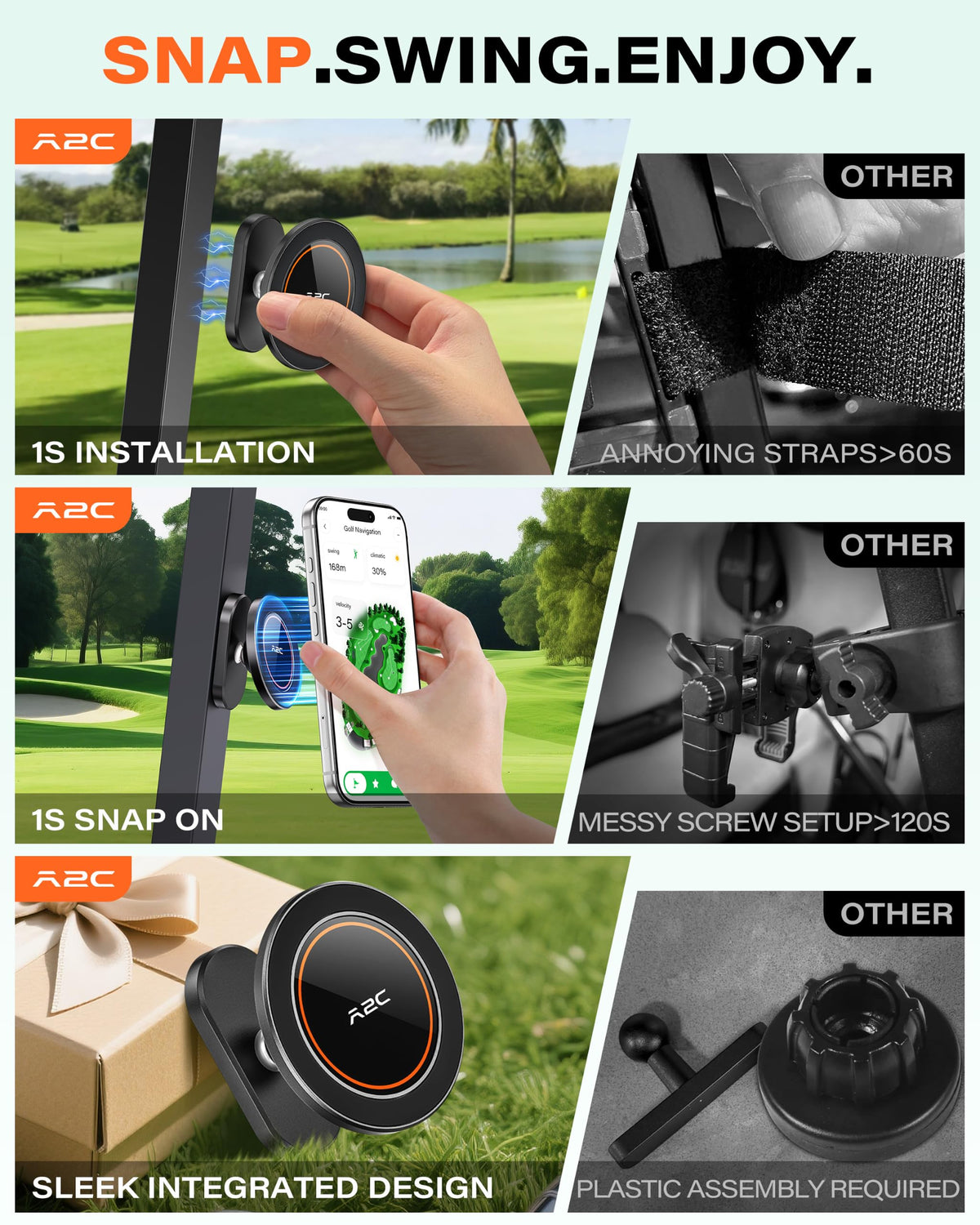 A2C Silver Alloy Magnetic Golf Cart Phone Holder Mount, Golf Accessories