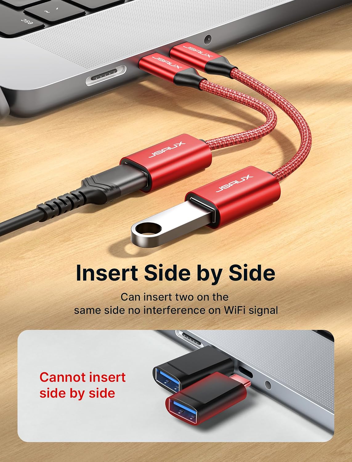 JSAUX USB C to USB 3.0 Adapter [2 Pack], USB C Male to USB Female OTG Cable Adapter Compatible with MacBook Pro/Air, iPhone 18 Pro Max/iPhone Duo‌/Air/17/16/15 Series, Samsung Galaxy S26/S25/S24-Red