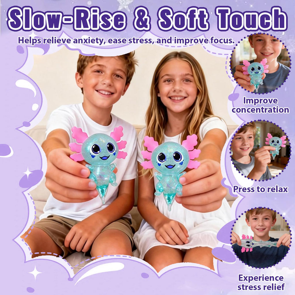 Axolotl Squishy Toy Squeeze Stress Relief Fidget Sensory Toy for Kids Adults, Cute Handheld Stress Ball for Anxiety and Focus, Purple Big Ears(Pink)
