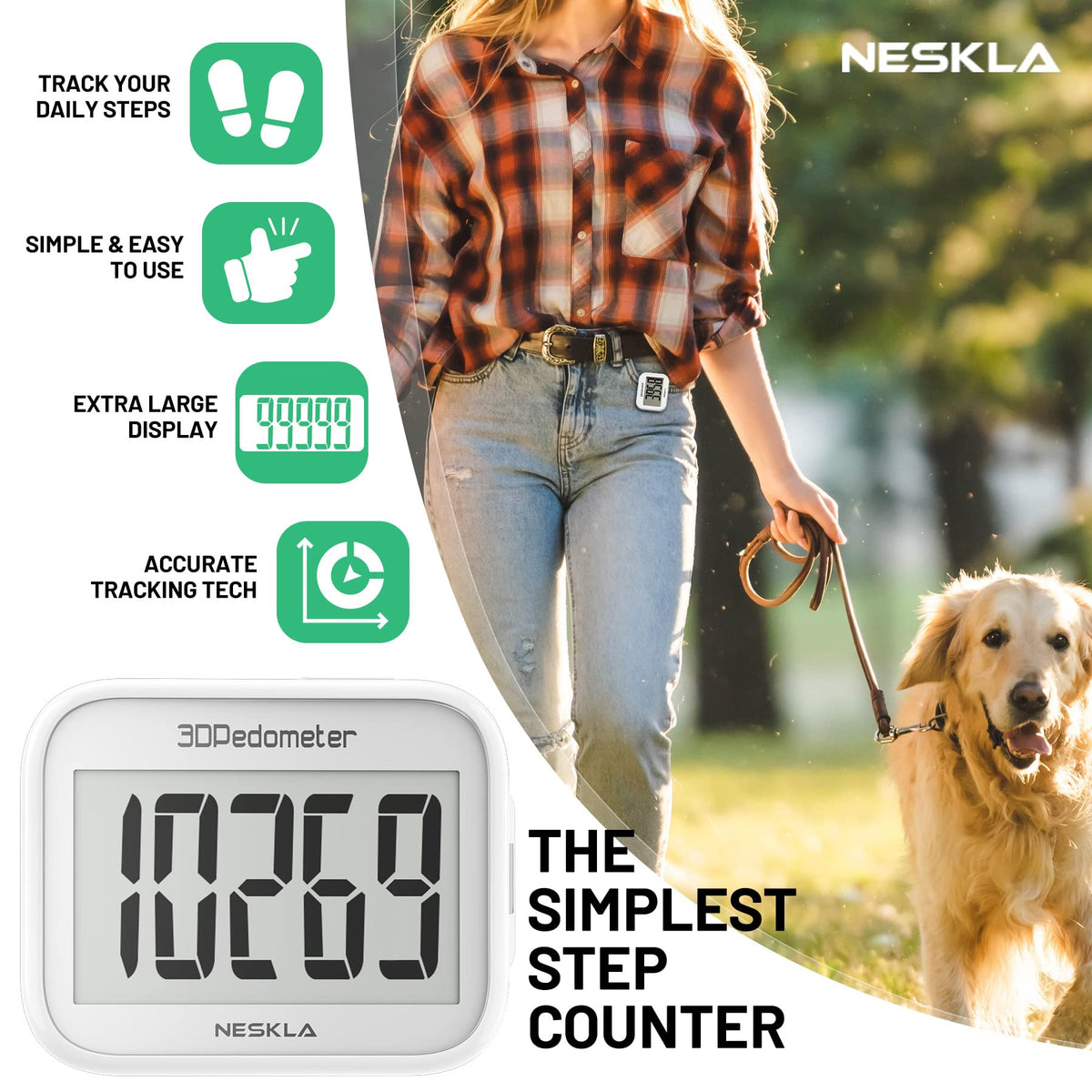3D Pedometer, Simple Step Counter with Large LCD Display for Walking