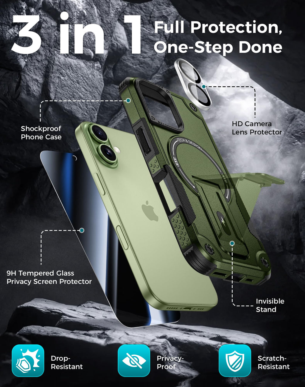 Goton 3 in 1 for iPhone 17 Pro Case with Privacy Screen Protector Blue